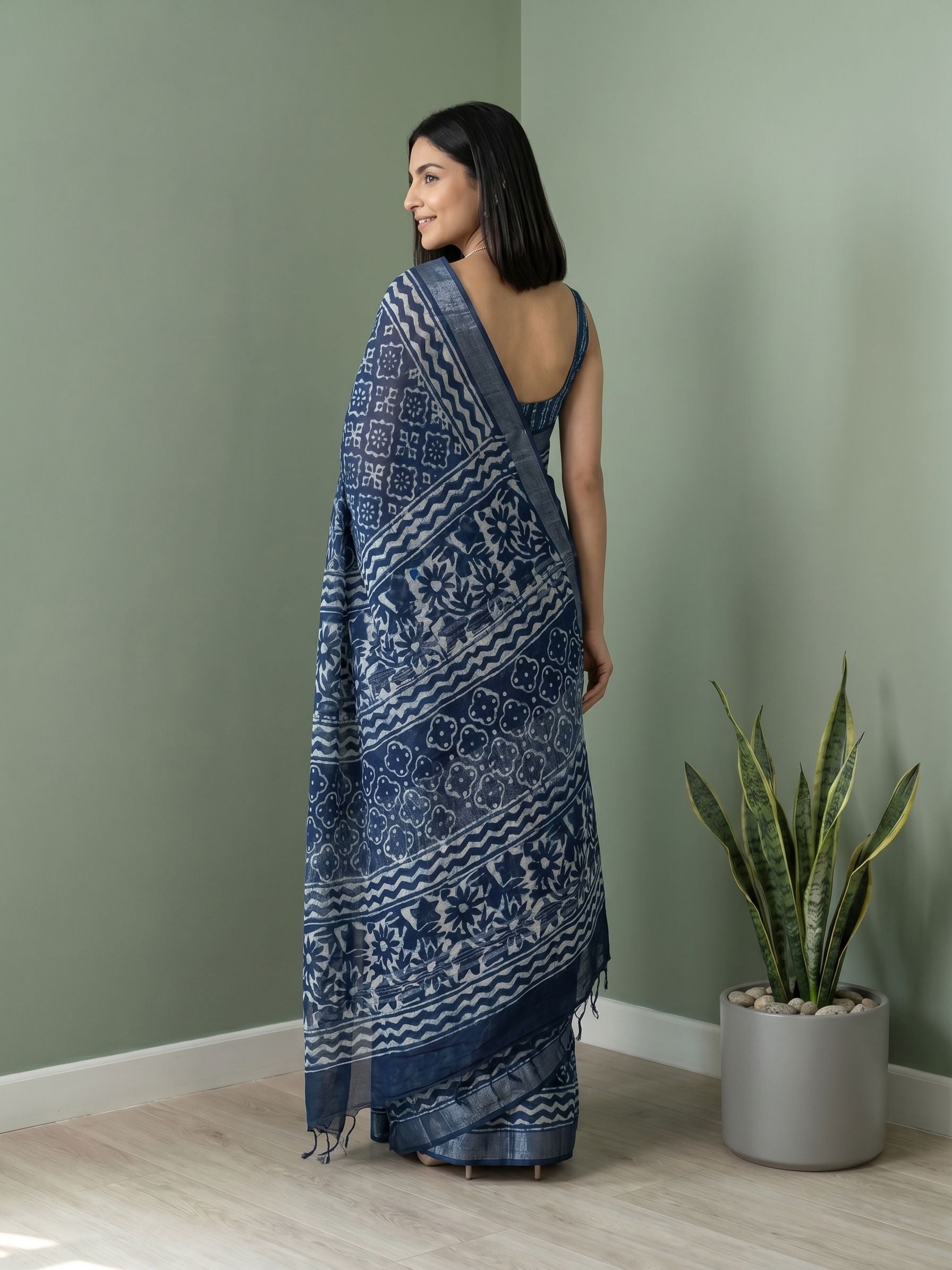 Linen Indigo Blue Geometric Batik Printed Saree with Zari Border