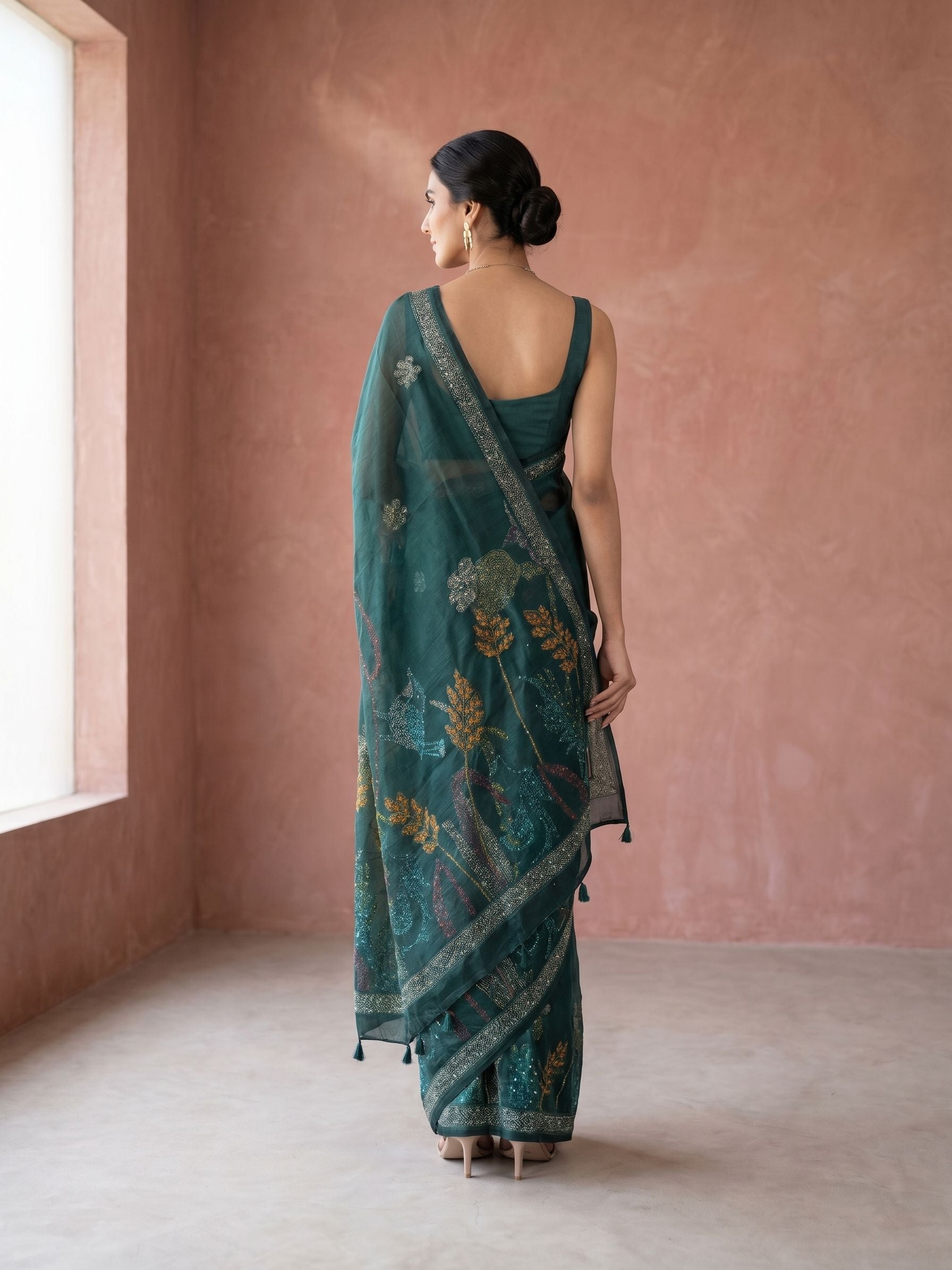 Soft Organza Teal Green Multicolour Kantha & Sequin Embroidered Botanical Saree with Crystal Zari Border