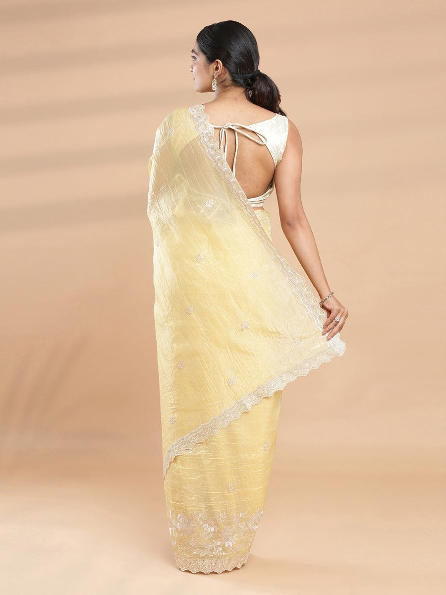 Peach Yellow Color Organza Saree With Thread Work Design