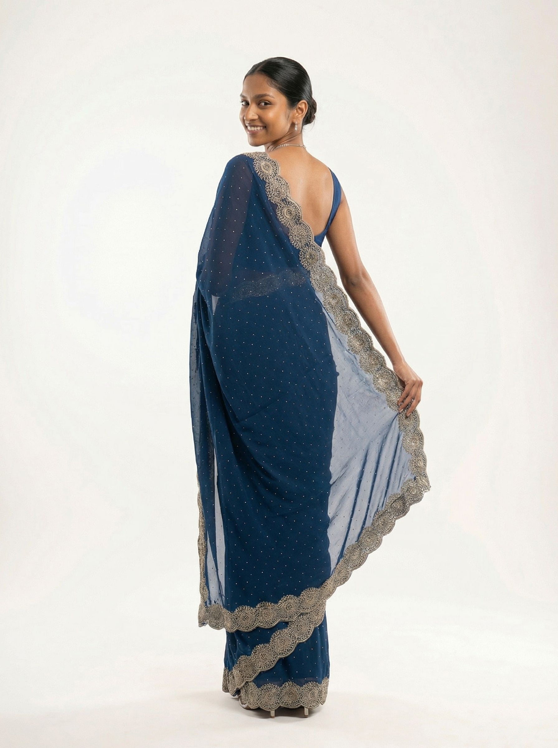 Shimmer Organza Royal Blue Plain Designer Saree with Micro Dot Work and Heavy Embroidered Border