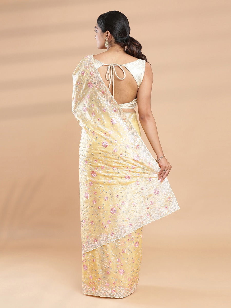 Yellow Color Organza Saree With Floral Embroidery Design