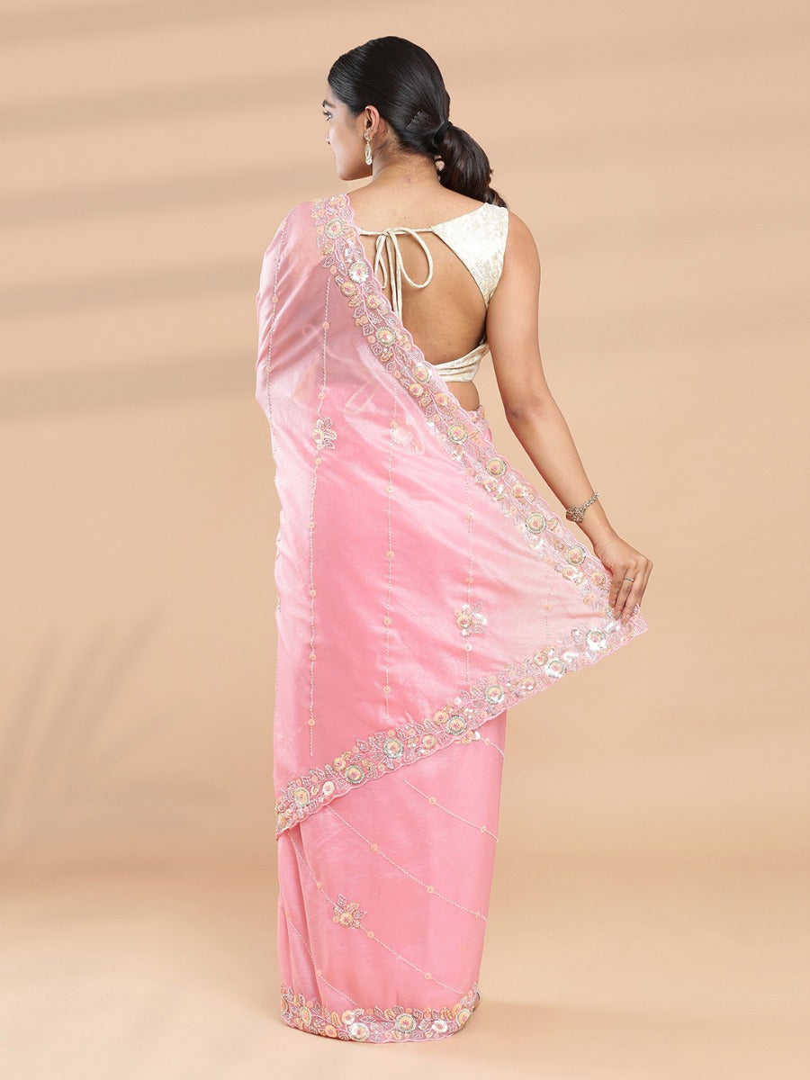 Warm Pastel Pink Color Crushed Organza Saree With Spreaded Beads And SequenceWork