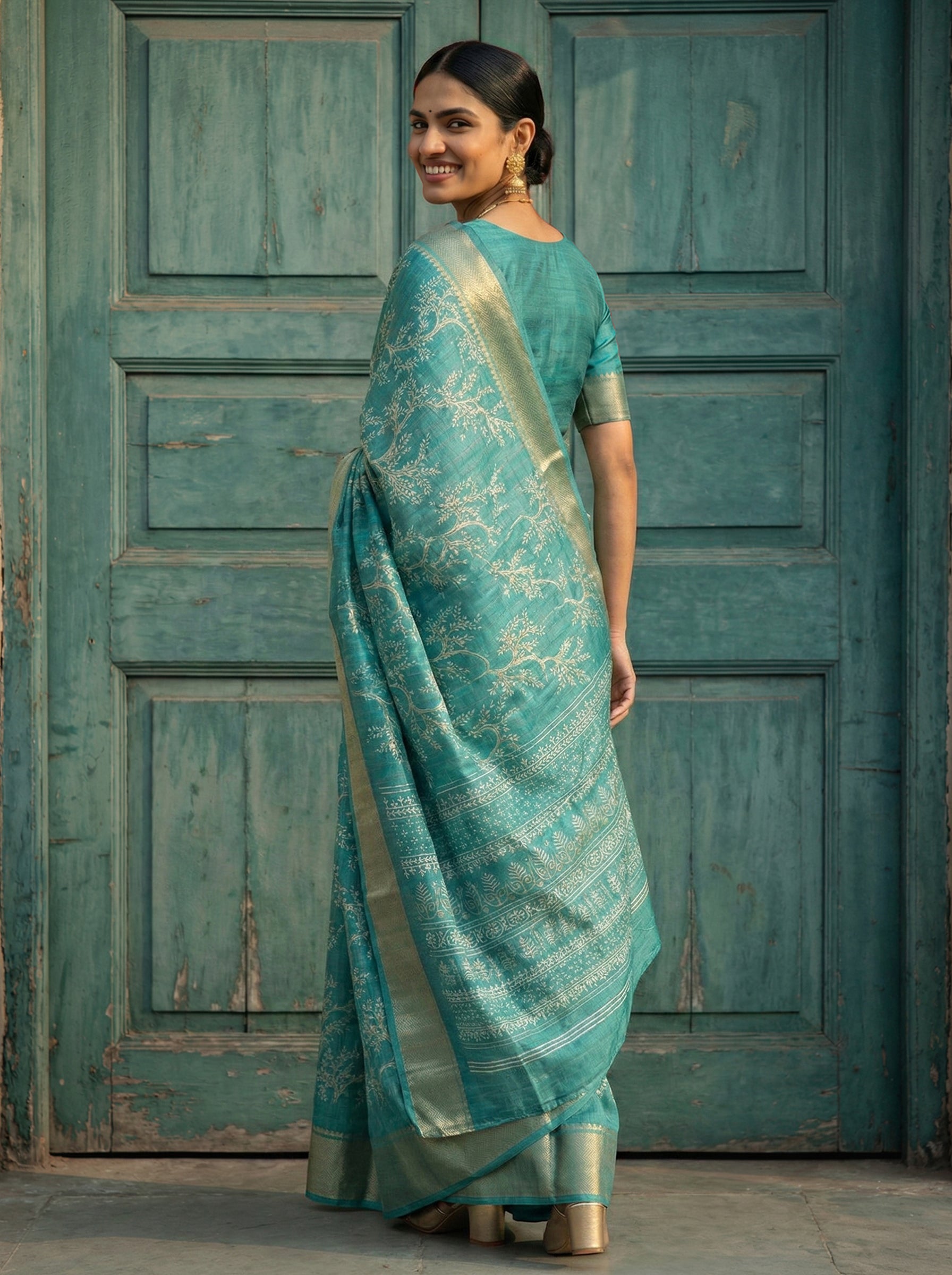 Synthetic Blue Saree with Floral Motif Design