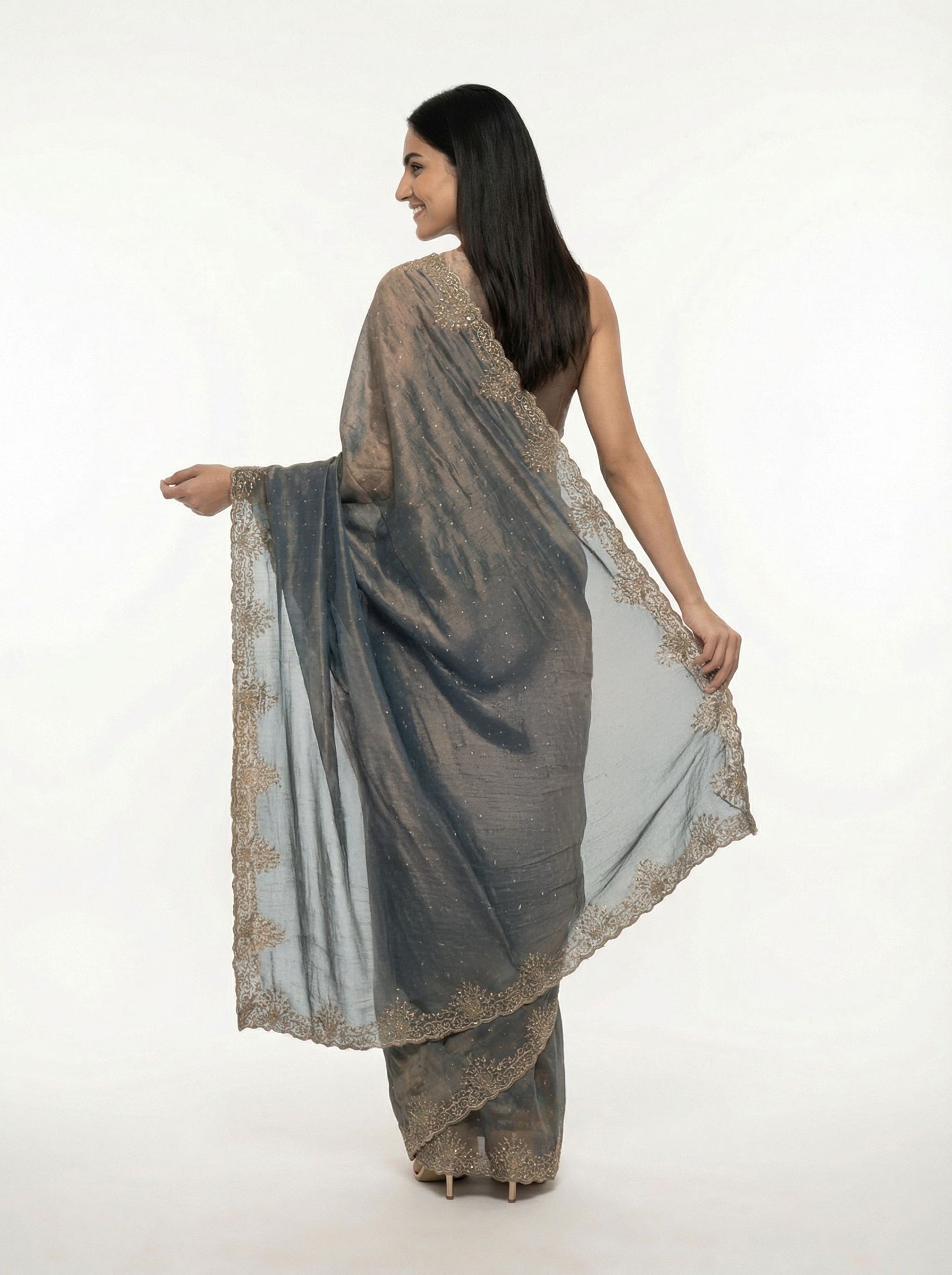 Organza Ash Grey Stone Scalloped  Designer Saree