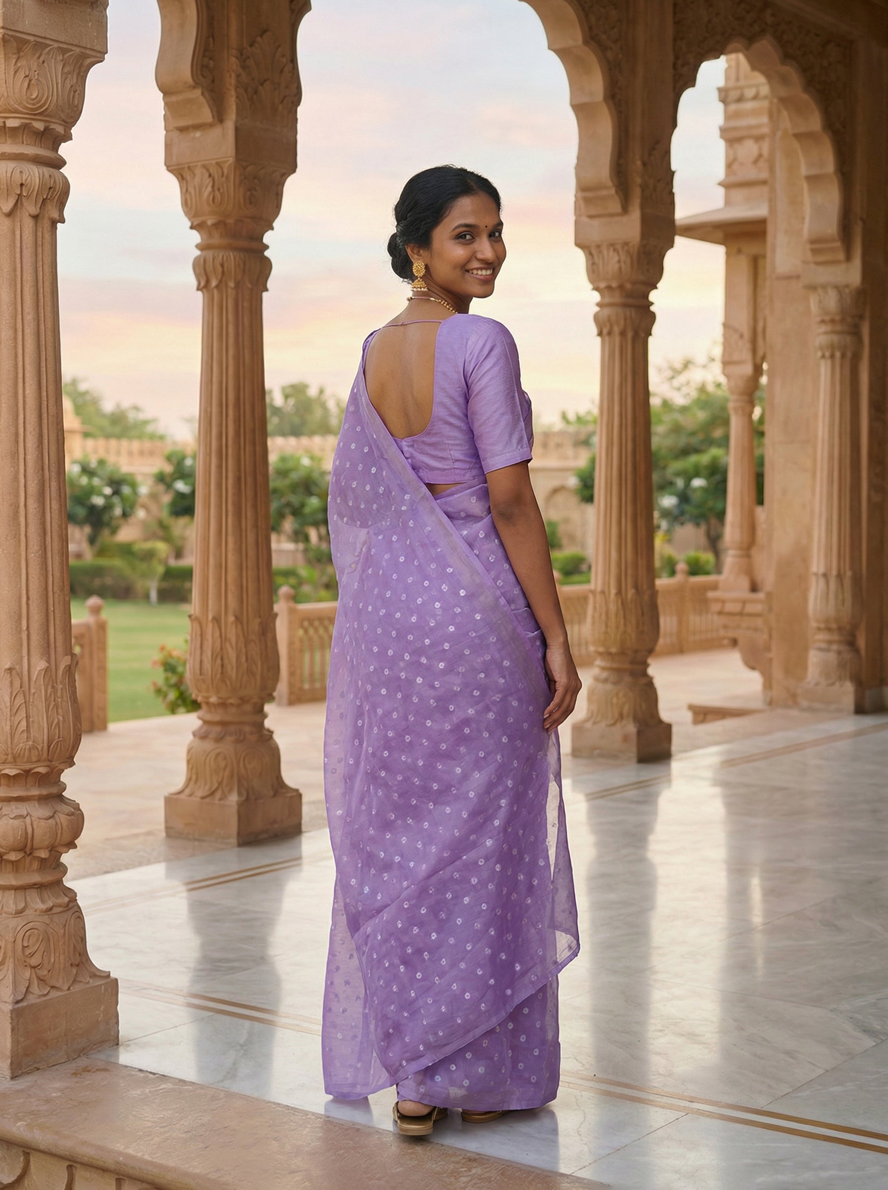 Synthetic Lavender Saree with Elegant Dot Motifs