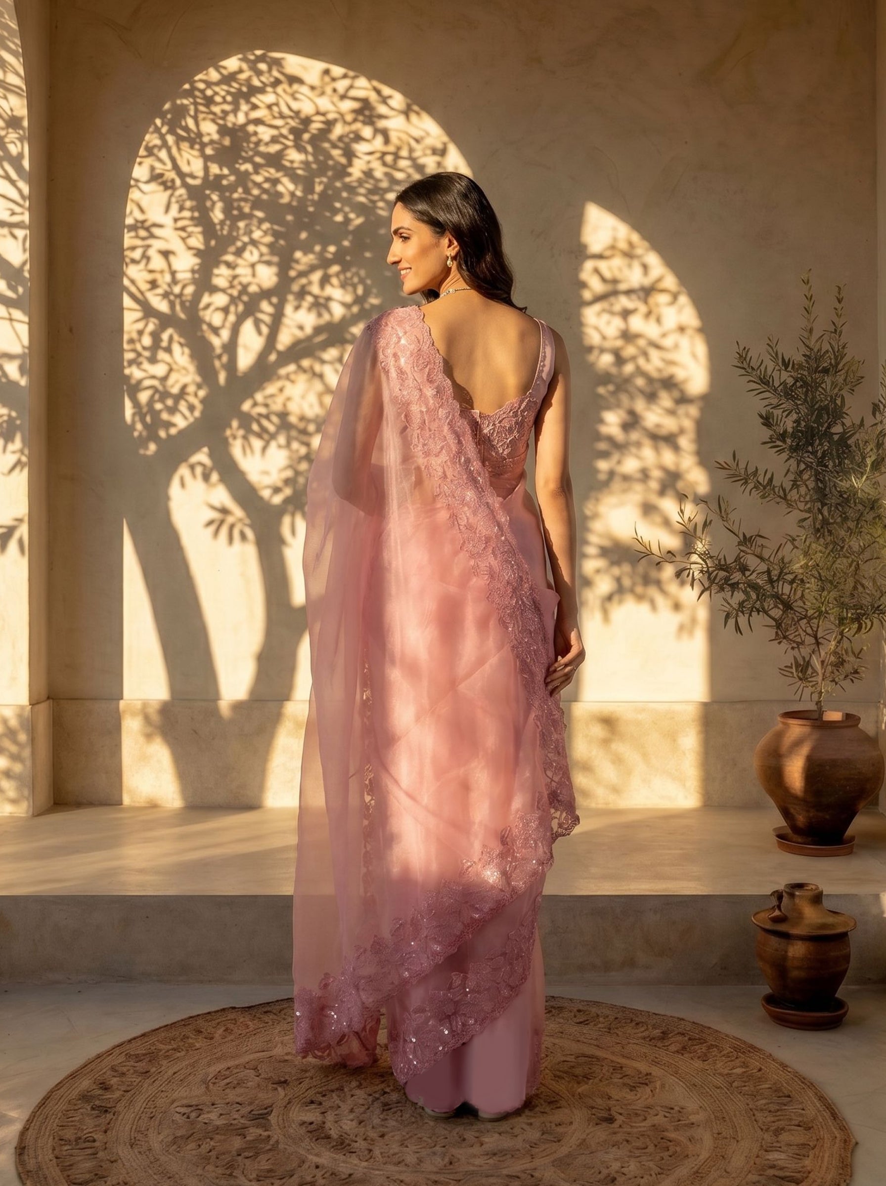 Organza Baby Pink Plain Saree with Tone-on-Tone Floral Lace Border & Sequin Work