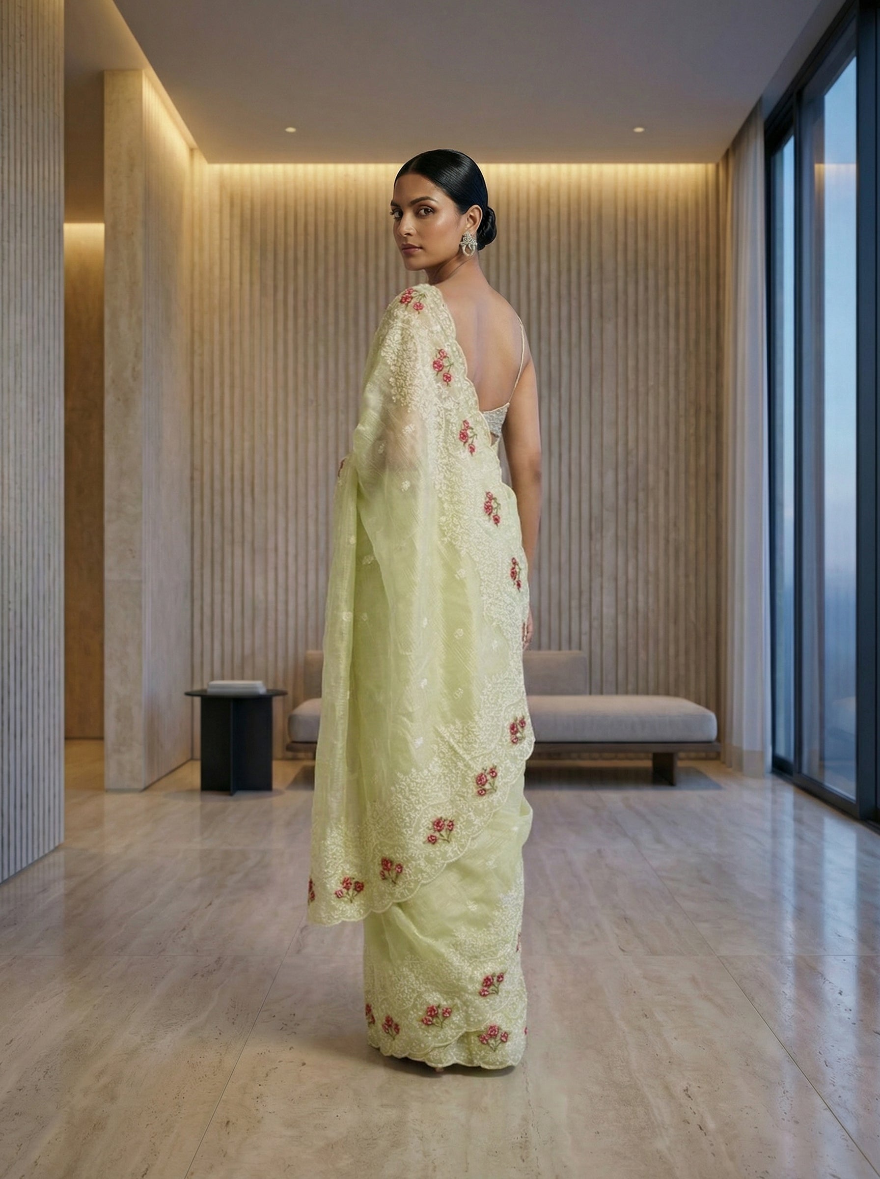 Organza Pistachio Green Floral Embroidered Designer Saree