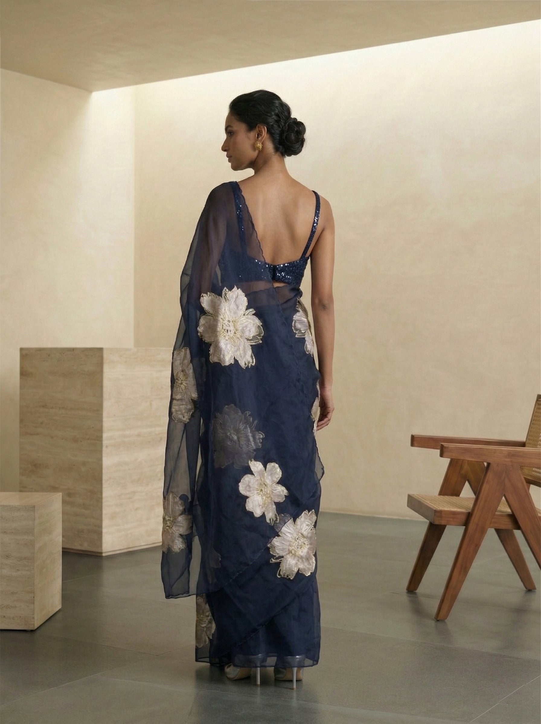 Organza Navy Blue Gold Floral Pattern Designer Saree