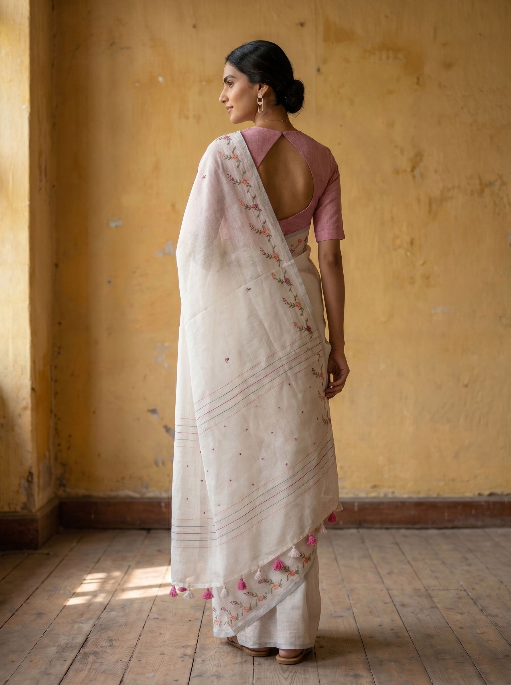 Linen White Floral Vine Embroidered Saree with Silver Border & Pink Tassel Finish