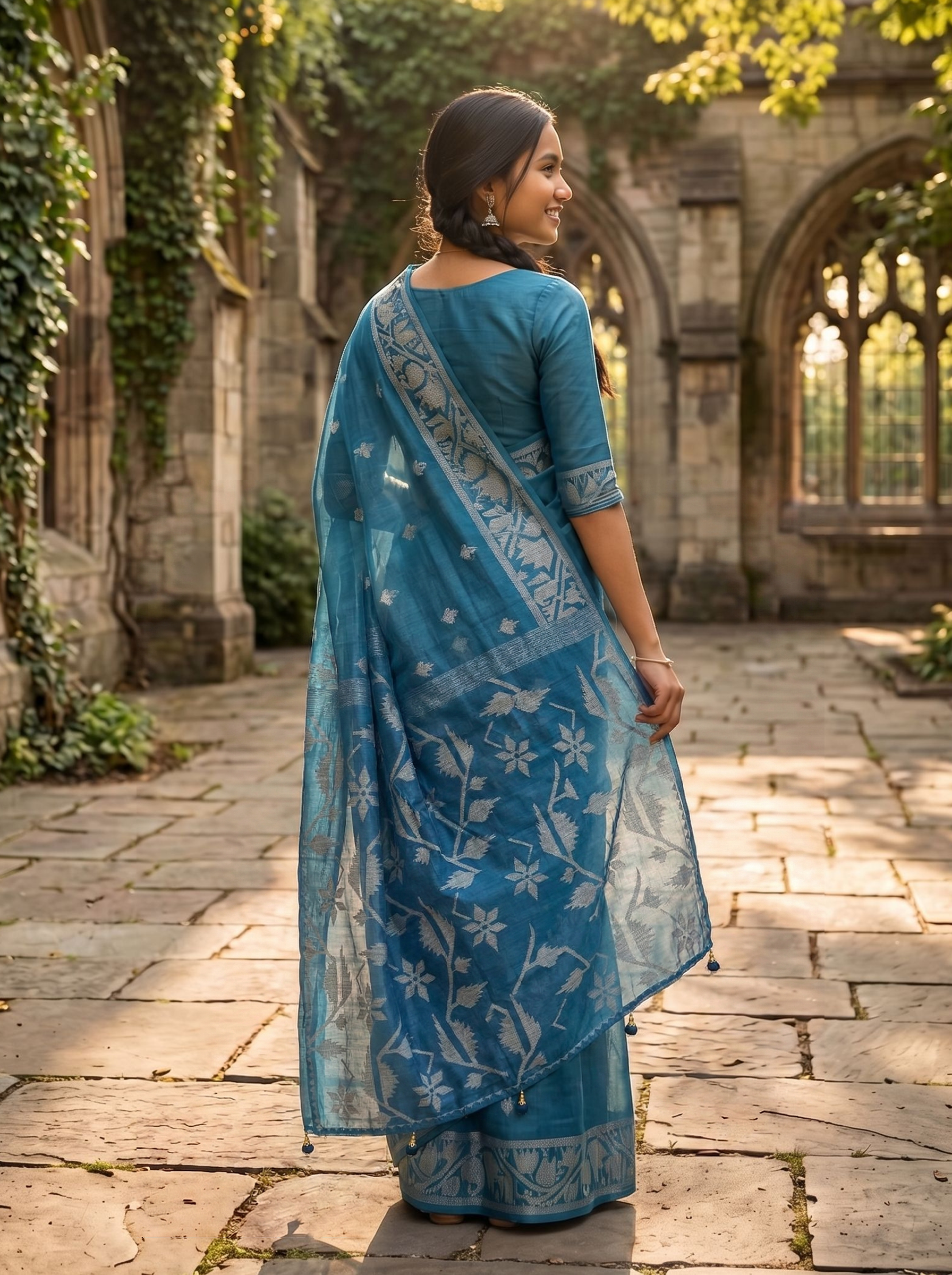 Semi Tussar Teal Blue Handwoven Saree with Silver Motifs