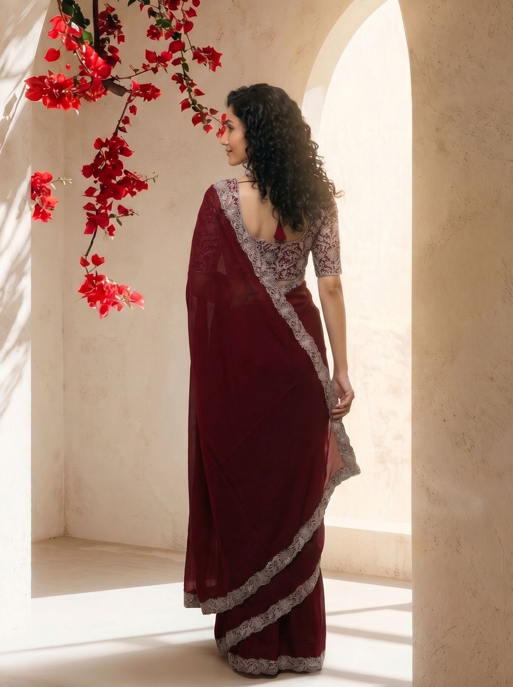 Vichithra silk Wine Red Elegant Embroidered Fancy Designer Saree