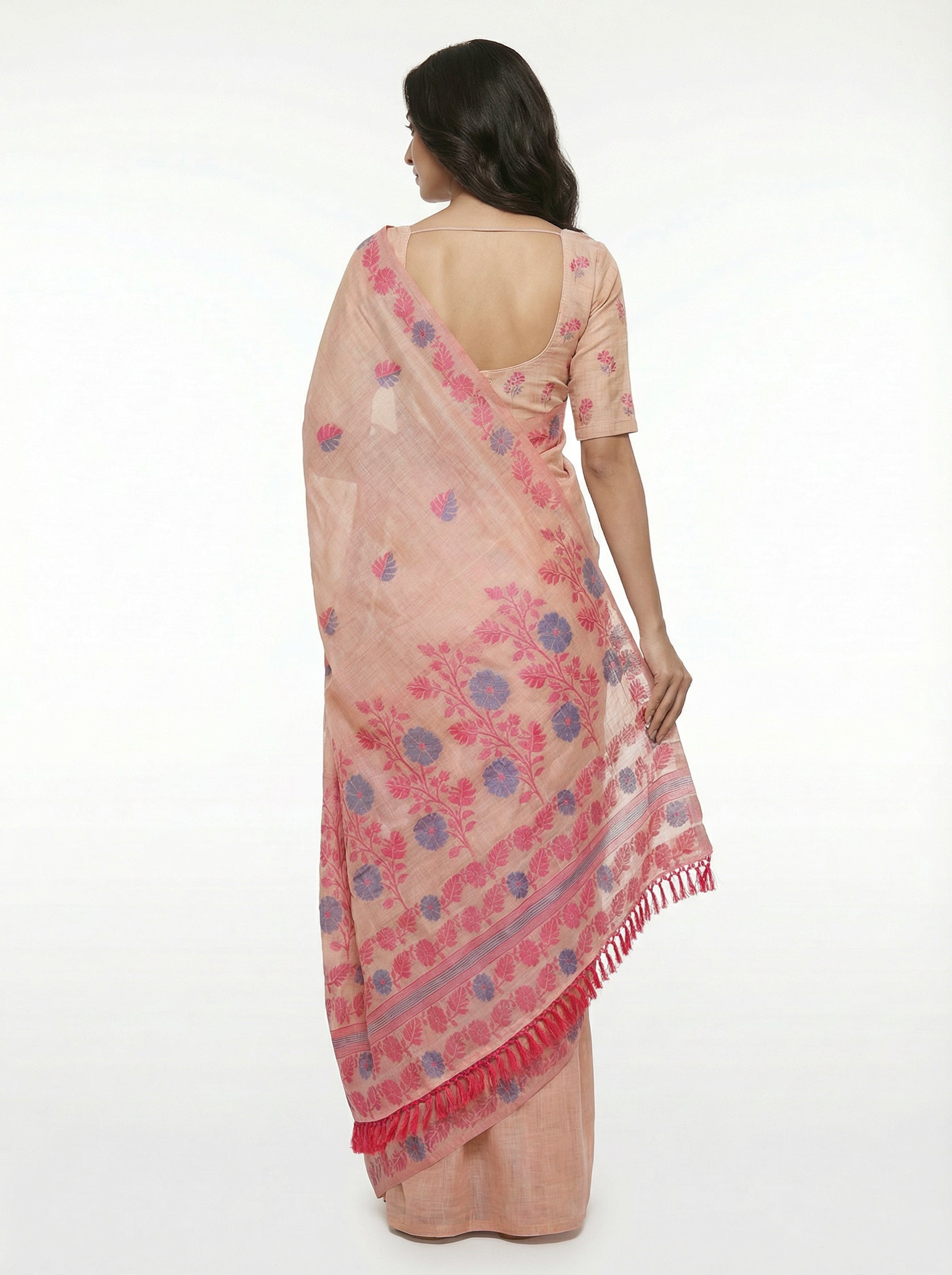 Semi Chanderi Pastel Peach Saree with Spread Dual Tone Leaf Design