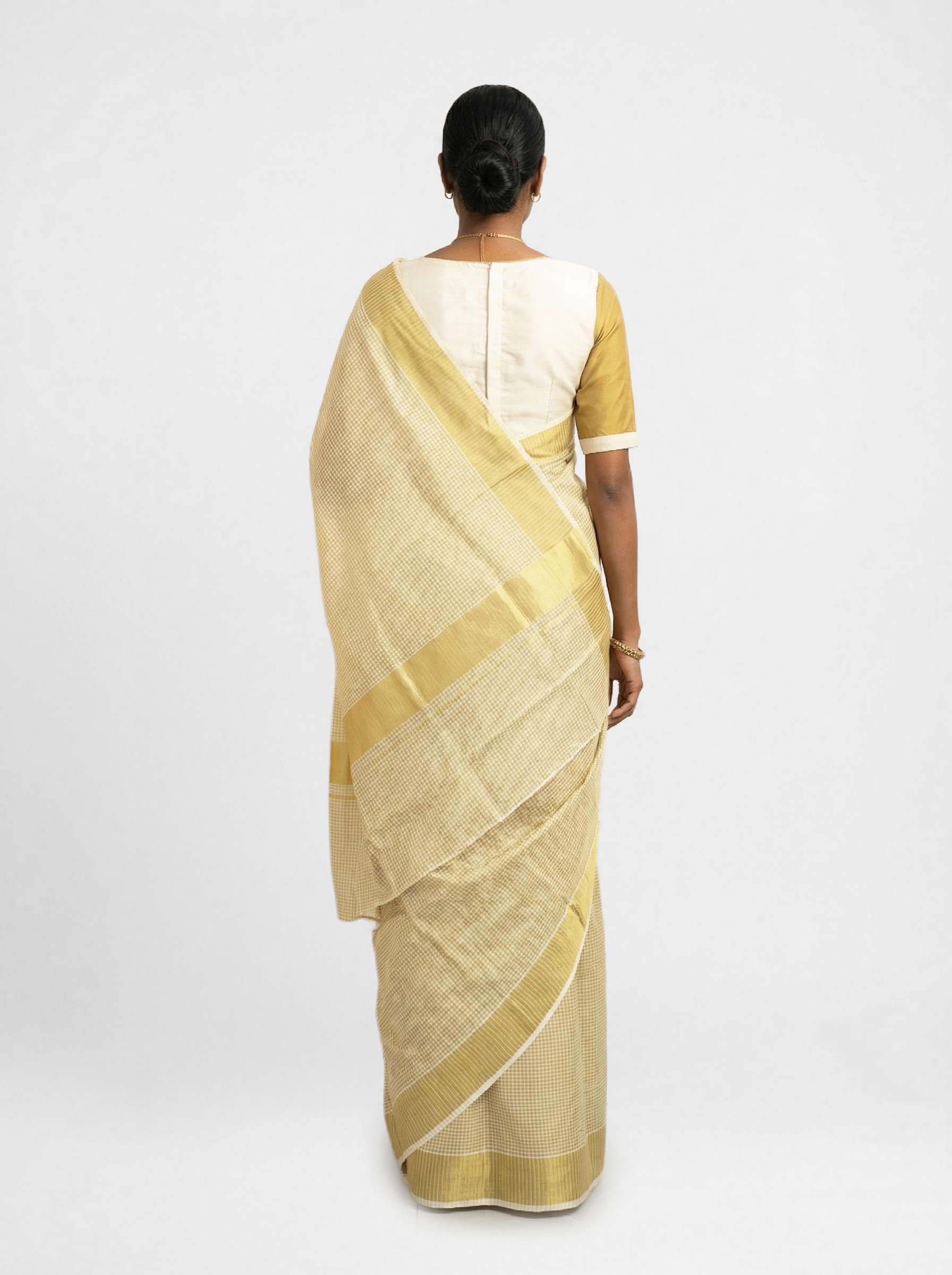 Cotton Cream Check Saree with All-Over Woven Fine Grid Pattern & Broad Gold Zari Border Festive Saree