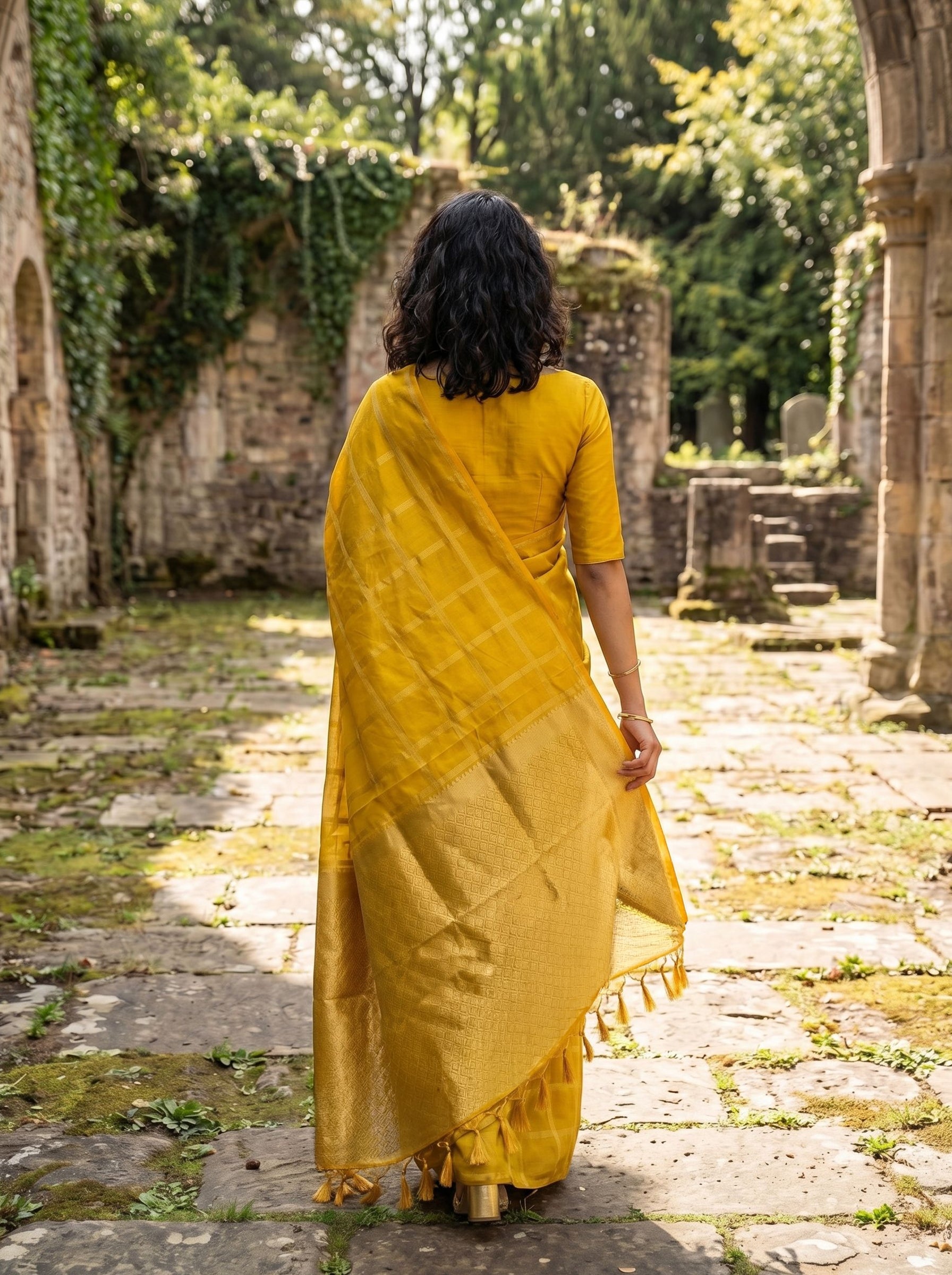 Semi Silk Mustard Yellow Checked Saree with Golden Border