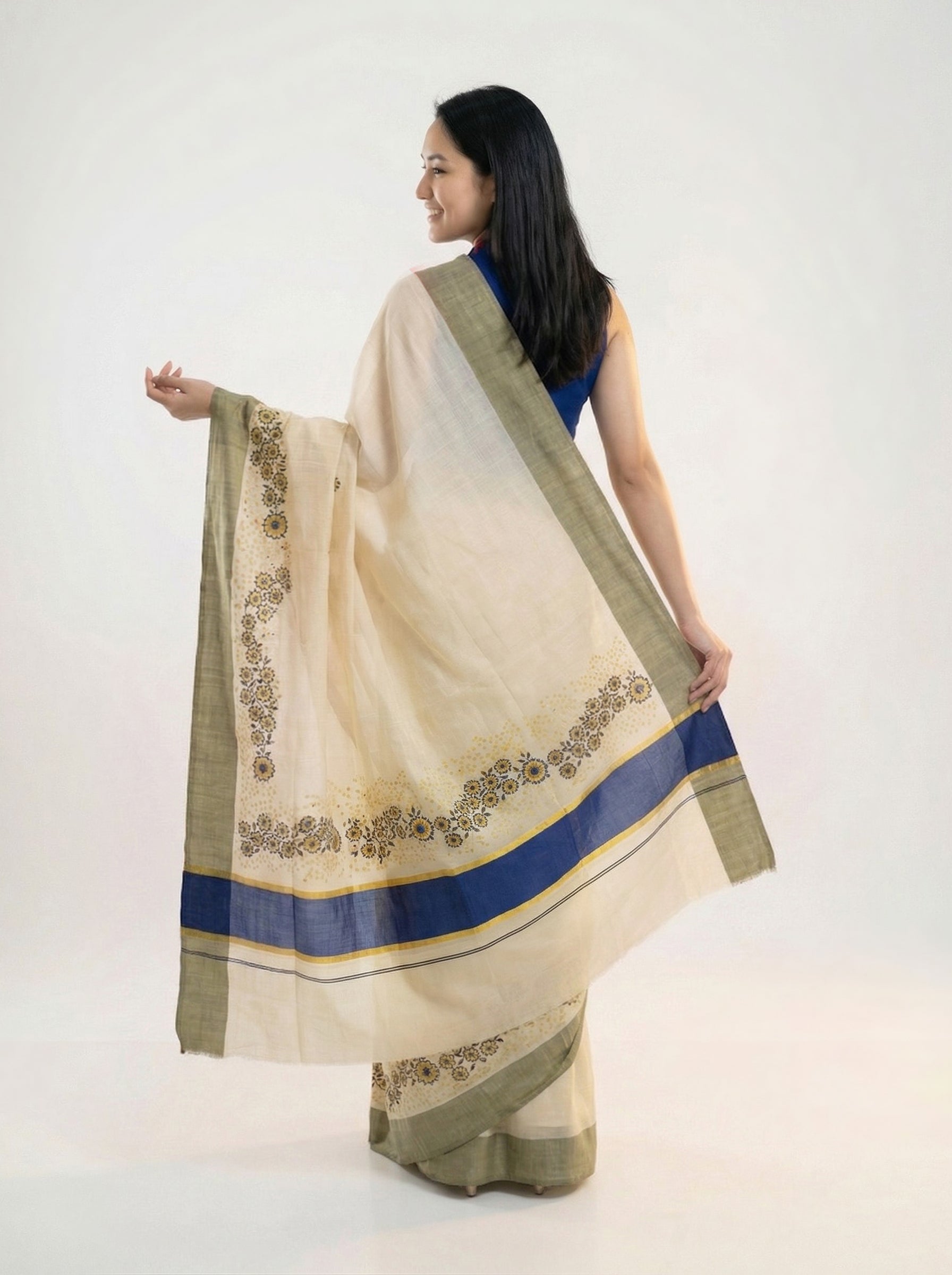 Cotton Cream Saree with Grey Border and Blue Floral Embroidery