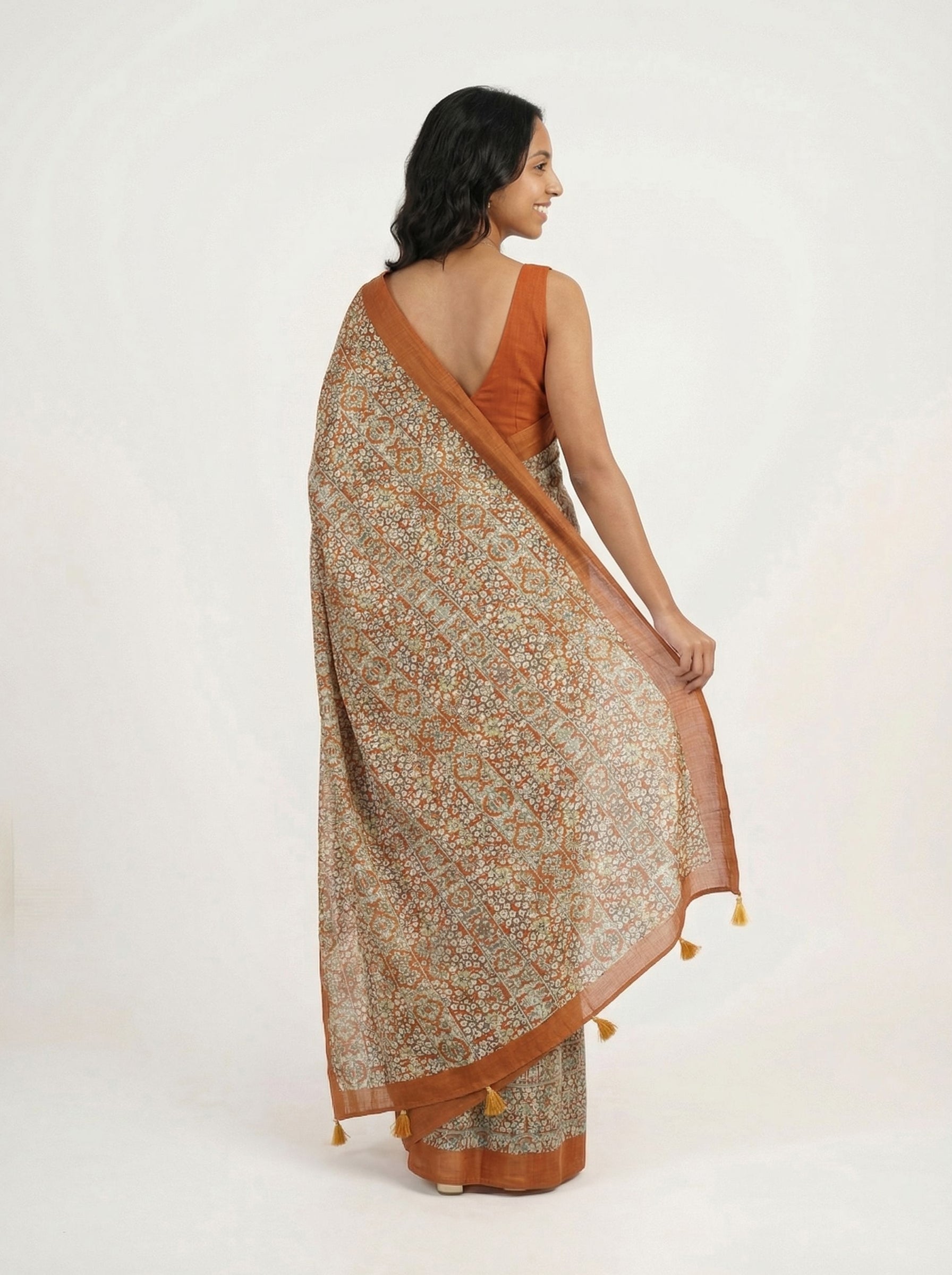 Chanderi Cotton Rust Orange And Beige Printed Saree