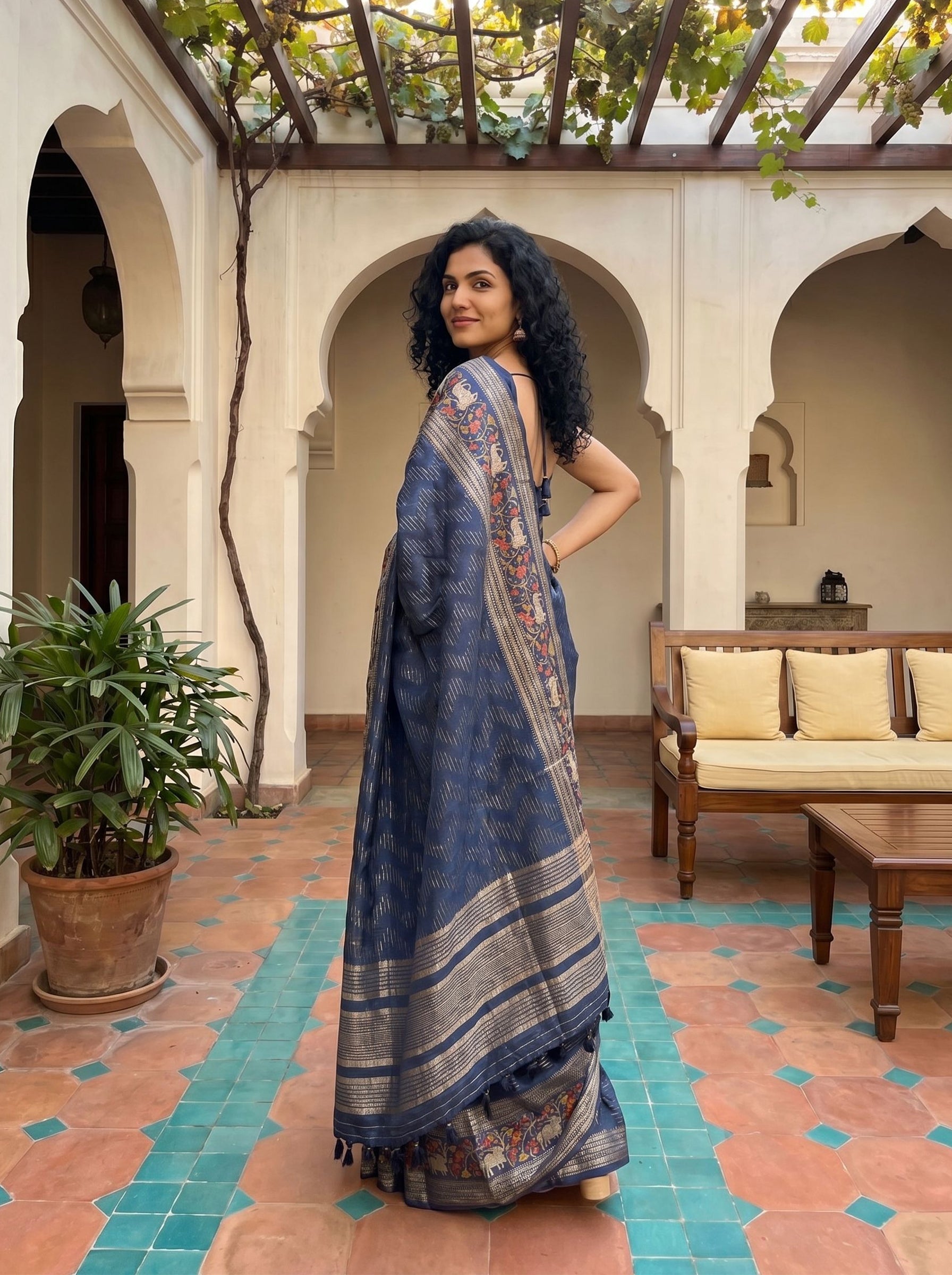 Tussar Silk Deep Steel Blue Printed Kalamkari Border Saree