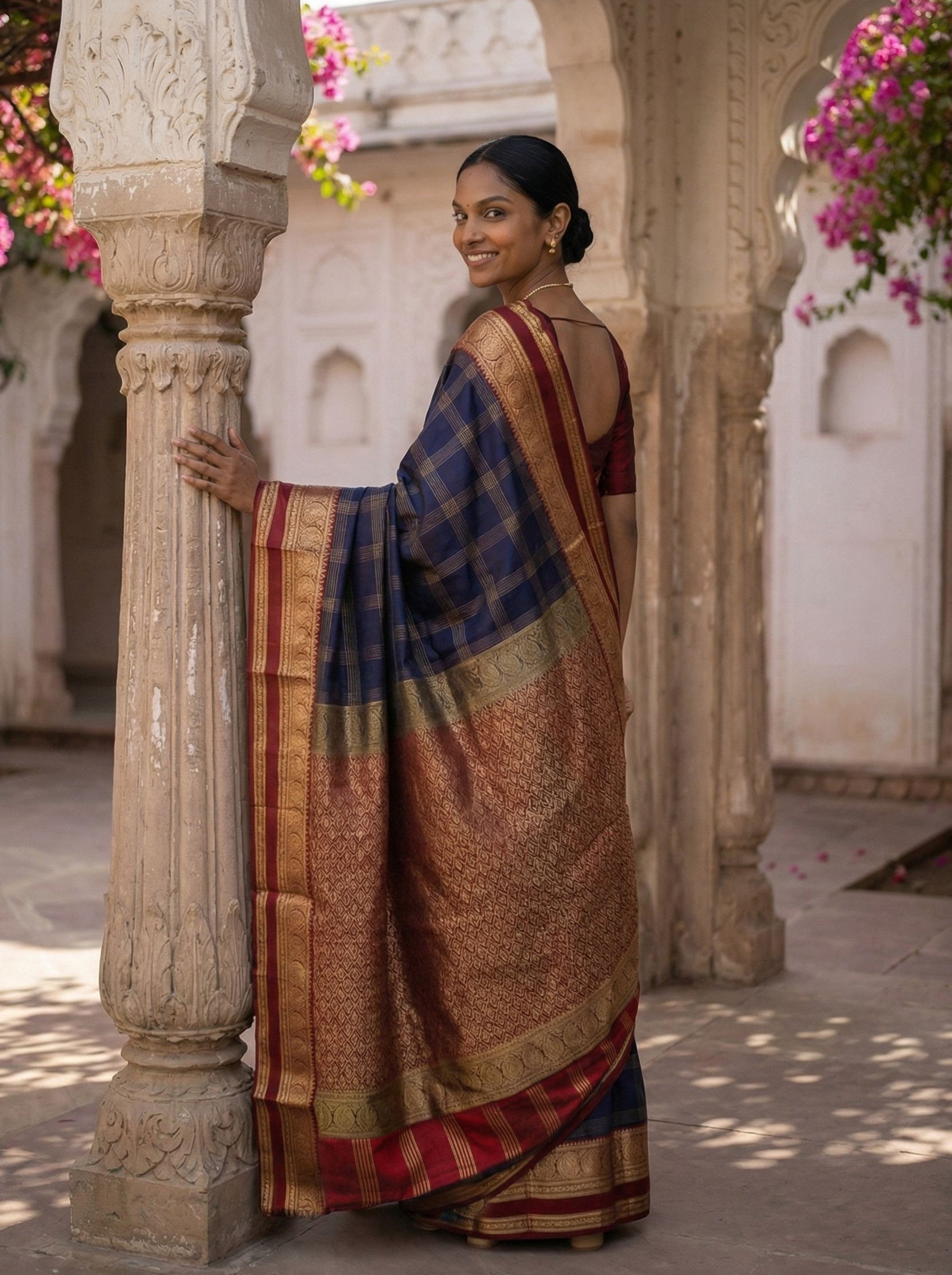 Pure Silk Navy Blue Checked Saree with Maroon Border