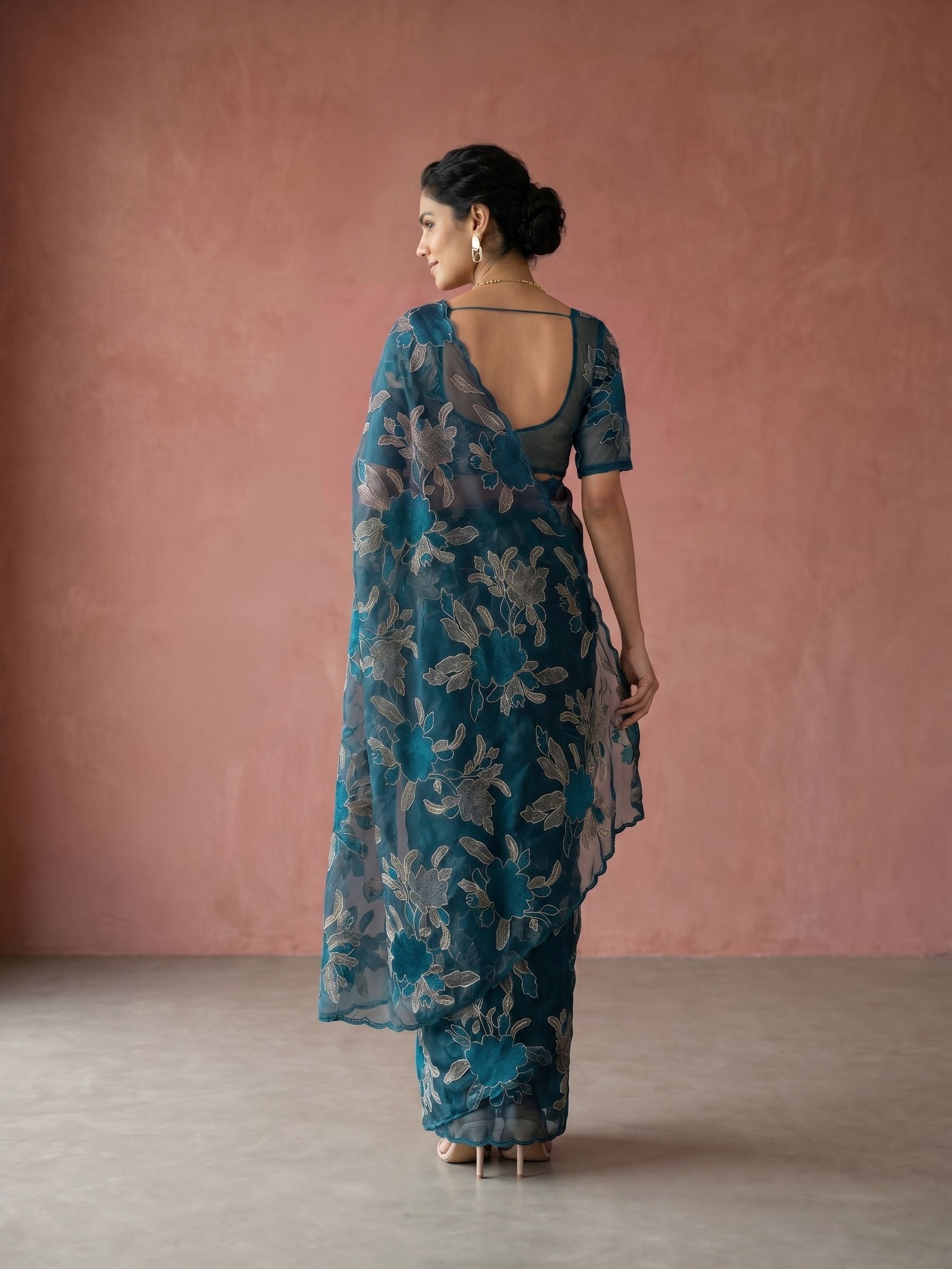 Organza Silk Teal Blue All-Over Floral & Leaf Gold Thread Embroidered Saree with Frill Hem Border