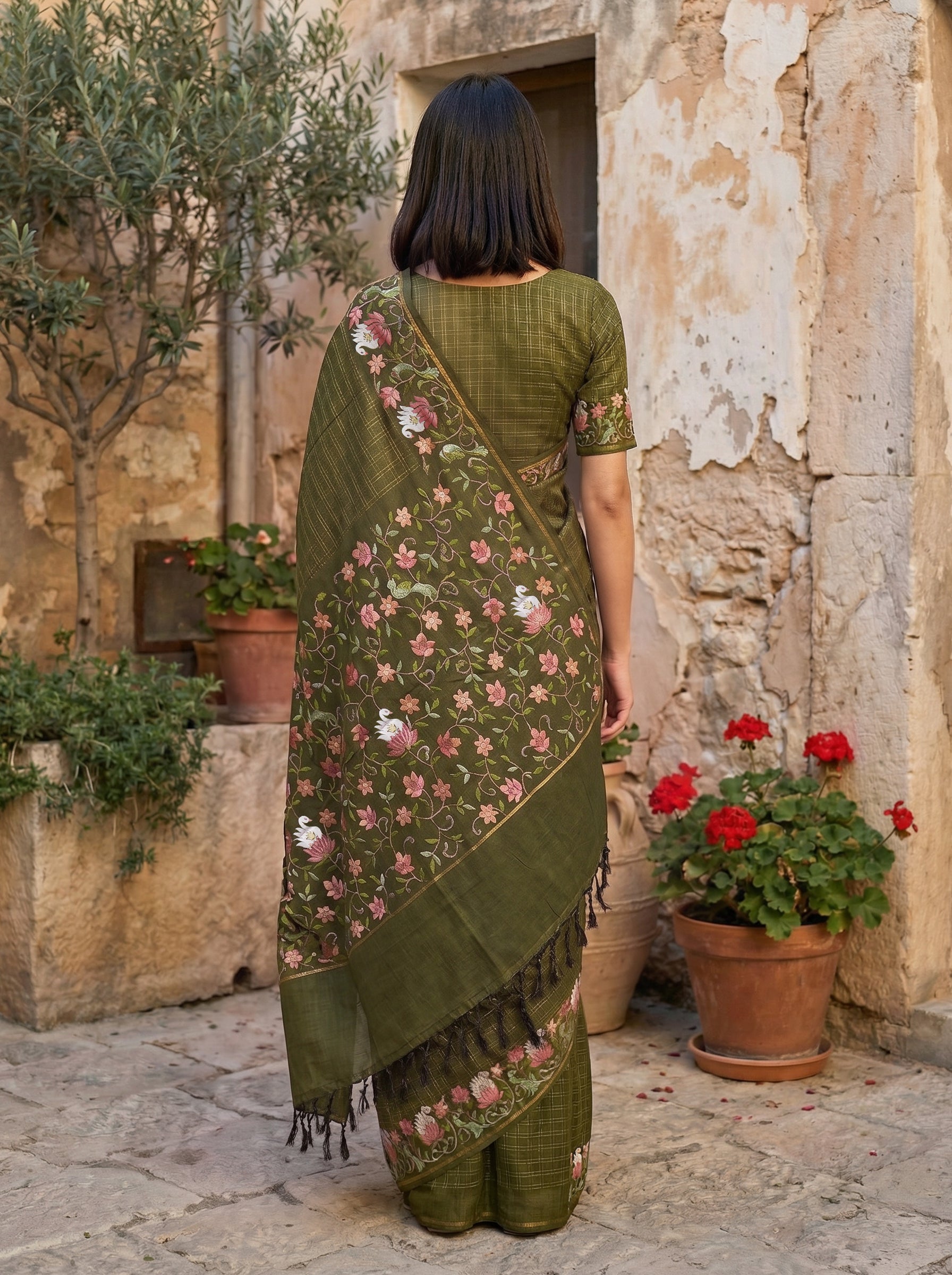Semi Tussar Olive Green Checkered Saree with Floral Embroidery Border