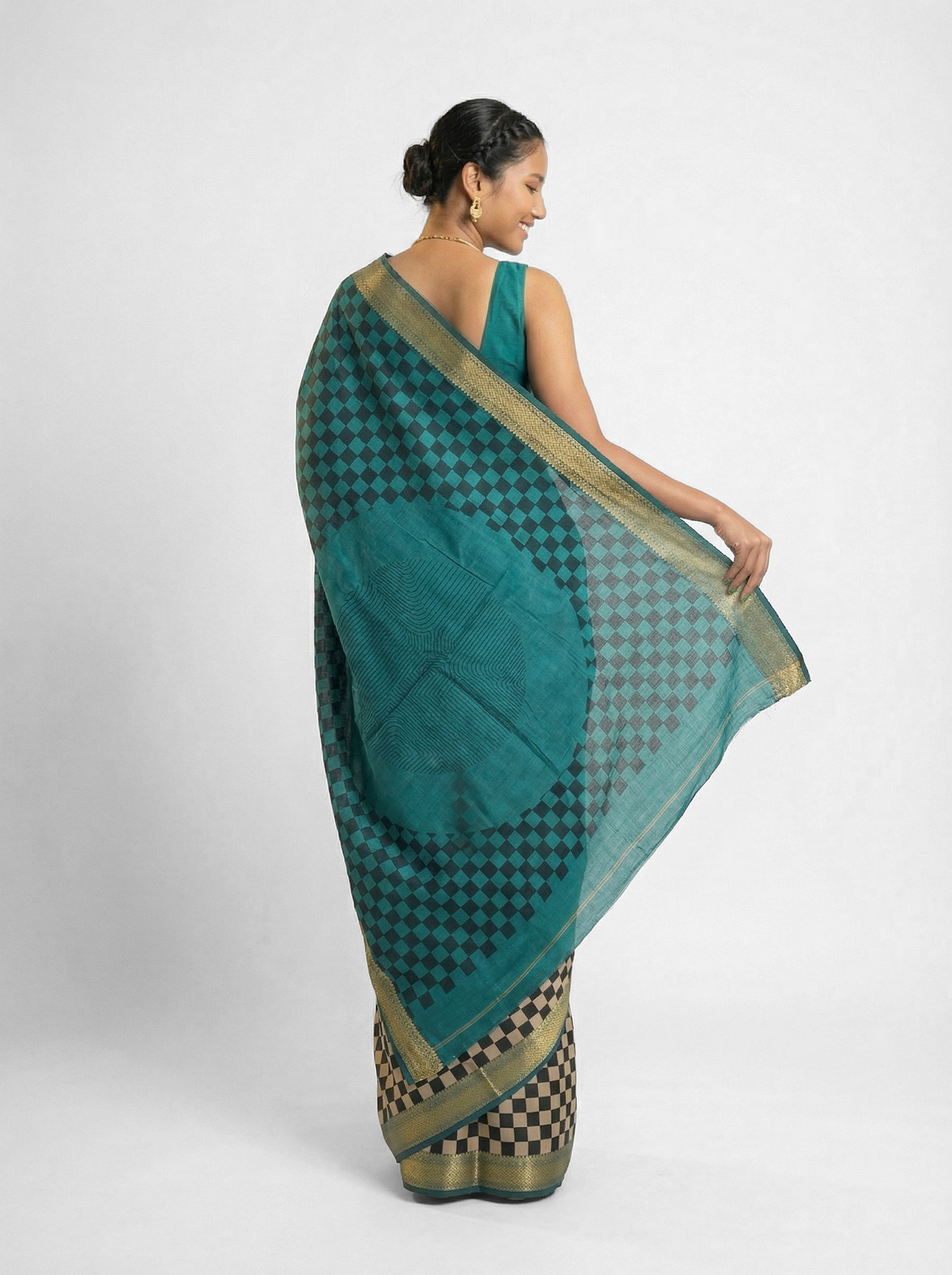 Chanderi Cotton Teal Checkered Designer Saree