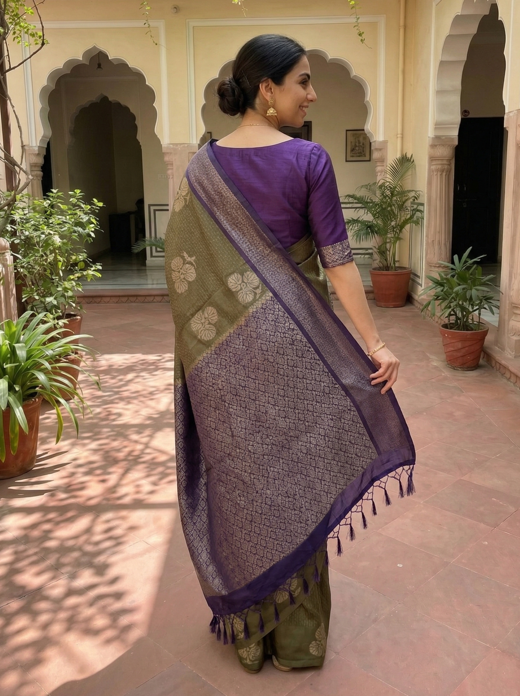 Semi Silk Olive Green Saree with Intricate Gold Floral Motifs