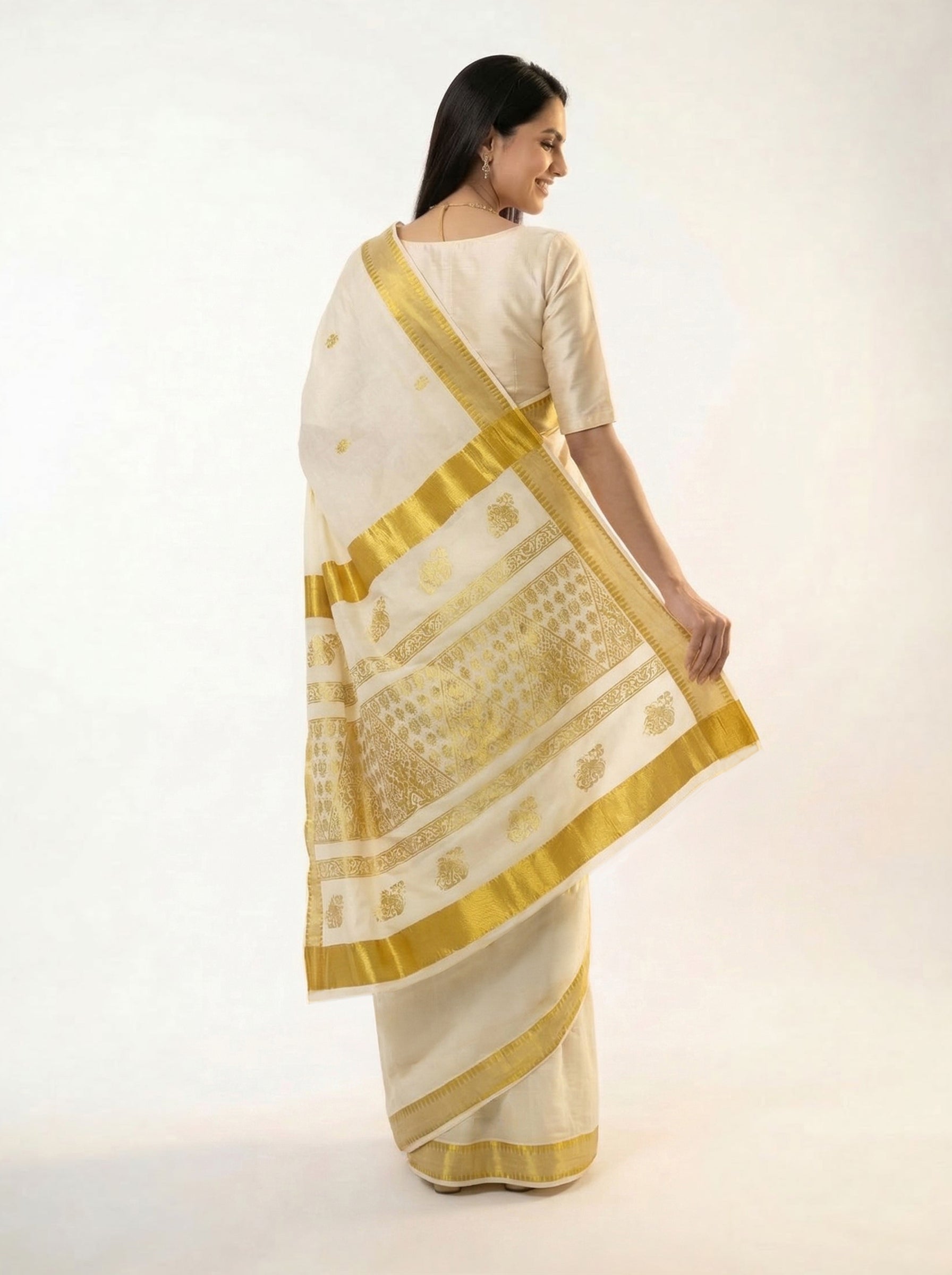 Cotton Cream Kasavu Border Set Saree with Butta Patterns
