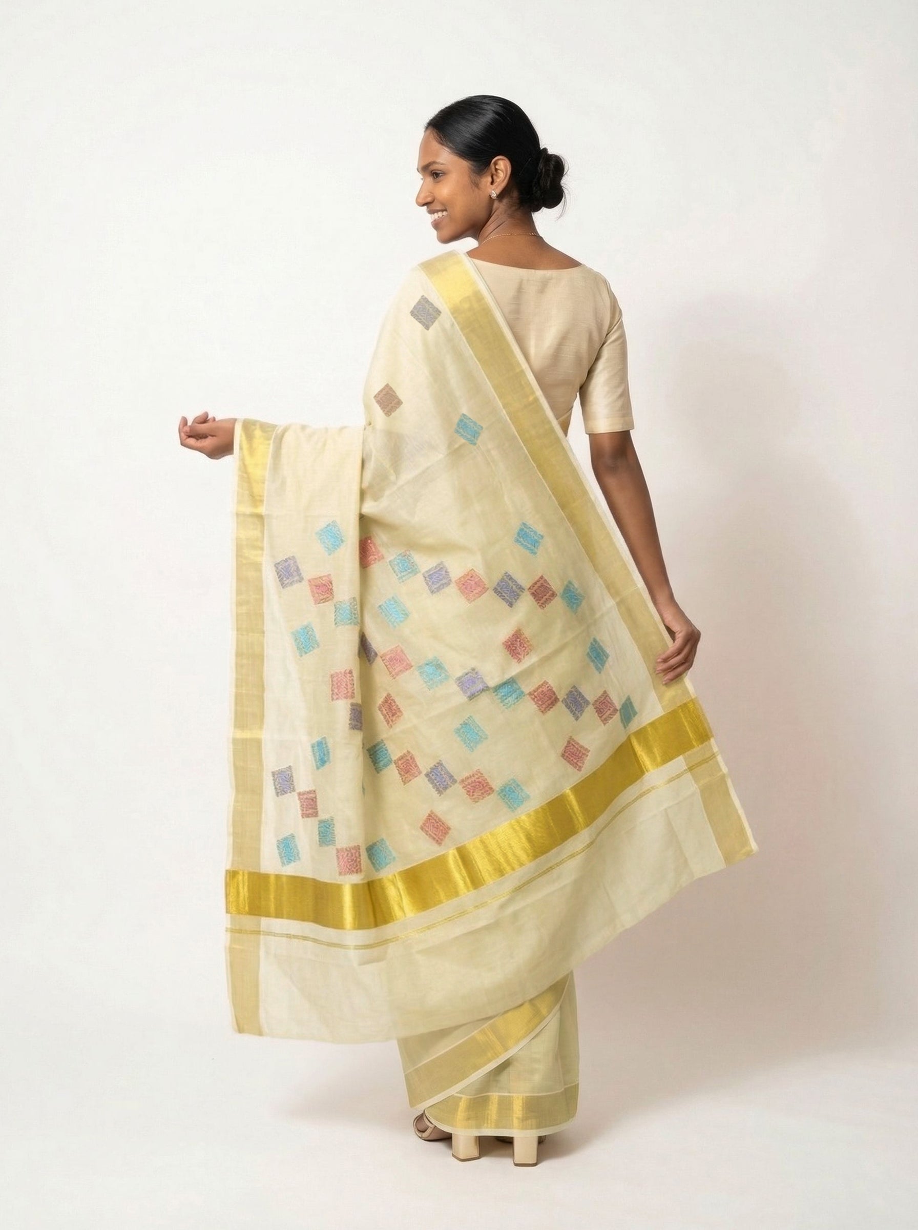 Cotton Cream Saree with Multicolor Geometric Motifs and Golden Border Set Saree
