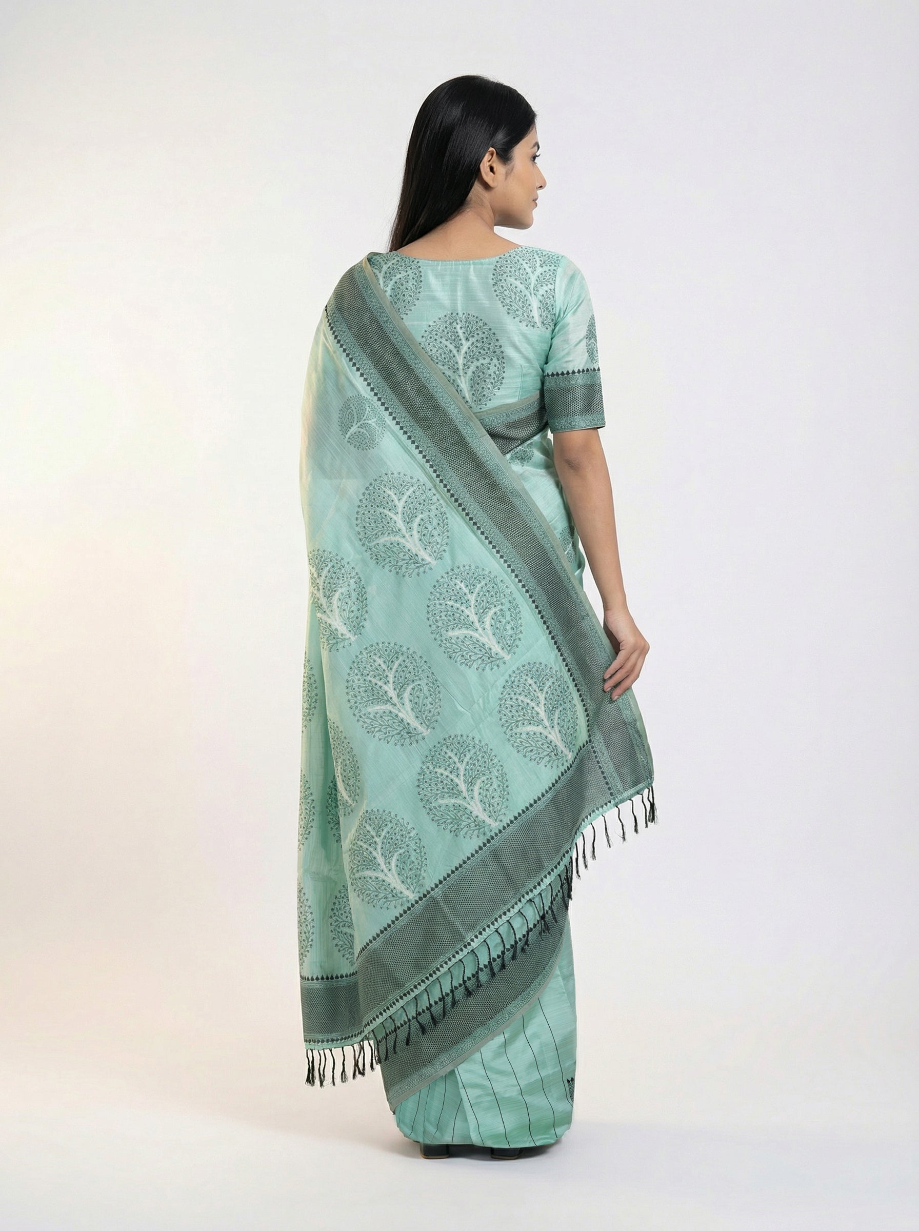 Semi Silk Pastel Blue Party Wear Saree with Round Tree Motif