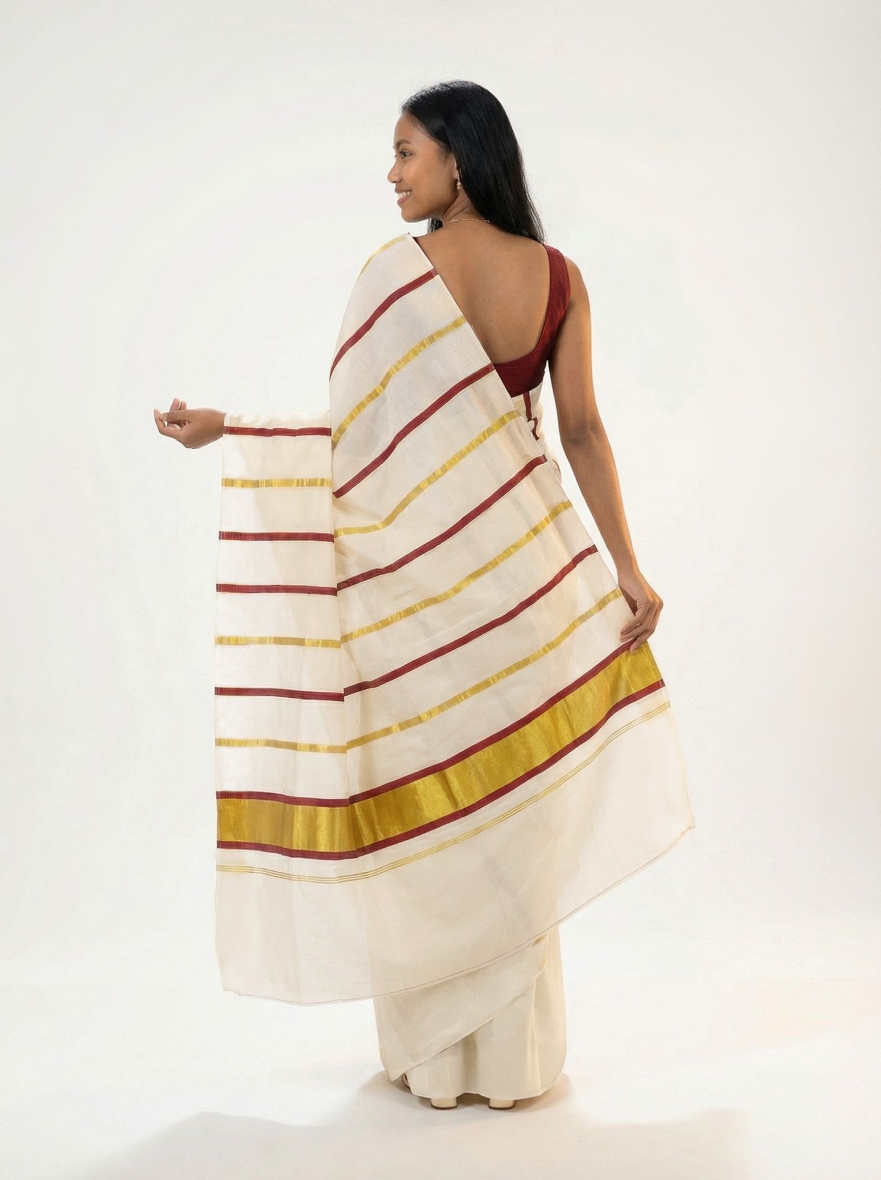 Cotton Kasavu Saree with Maroon and Gold Stripe Design