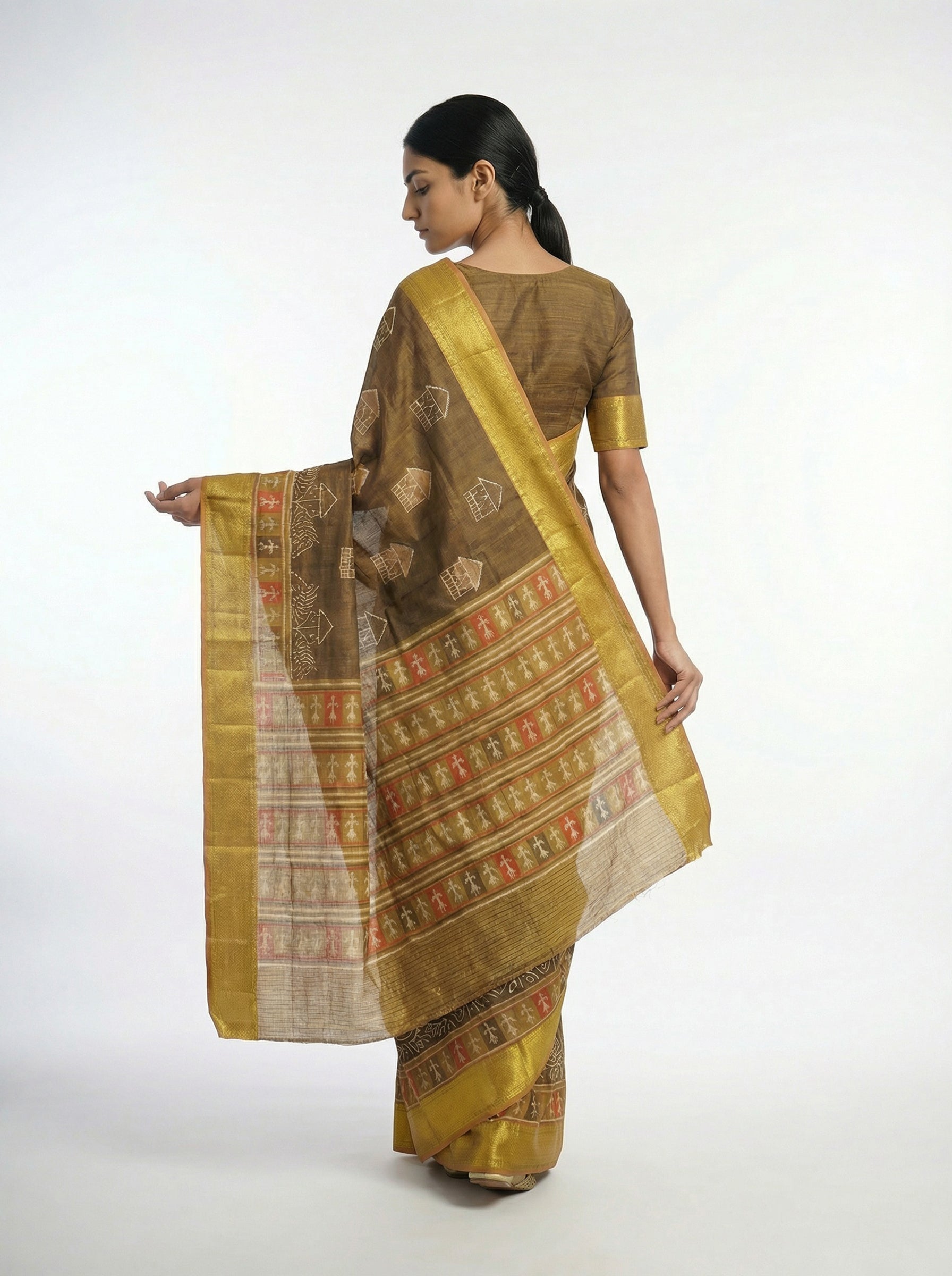Chanderi Cotton Olive Brown Saree with Ethnic Printed Patterns for Festive Wear