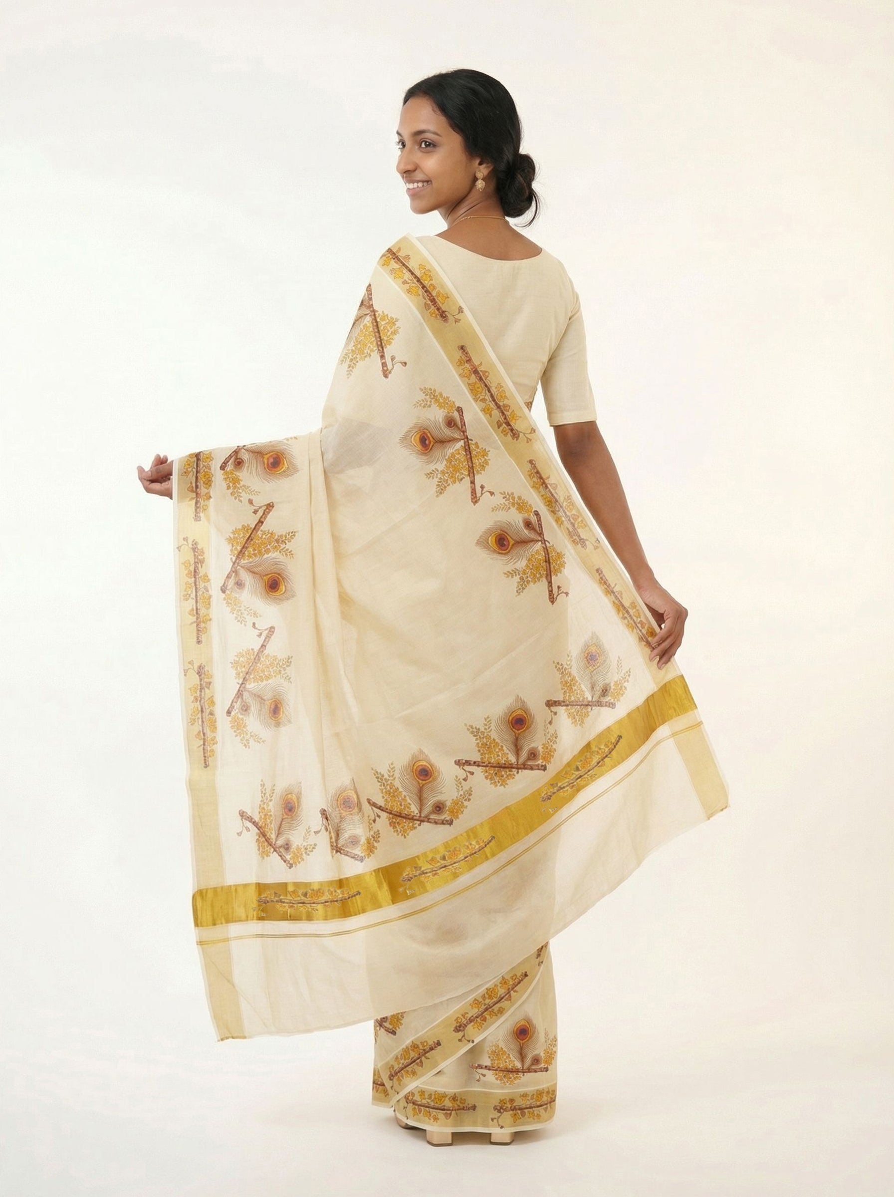 Cotton Kasavu Cream & Gold  Peacock Feather & Floral Branch Digital Print Traditional Saree