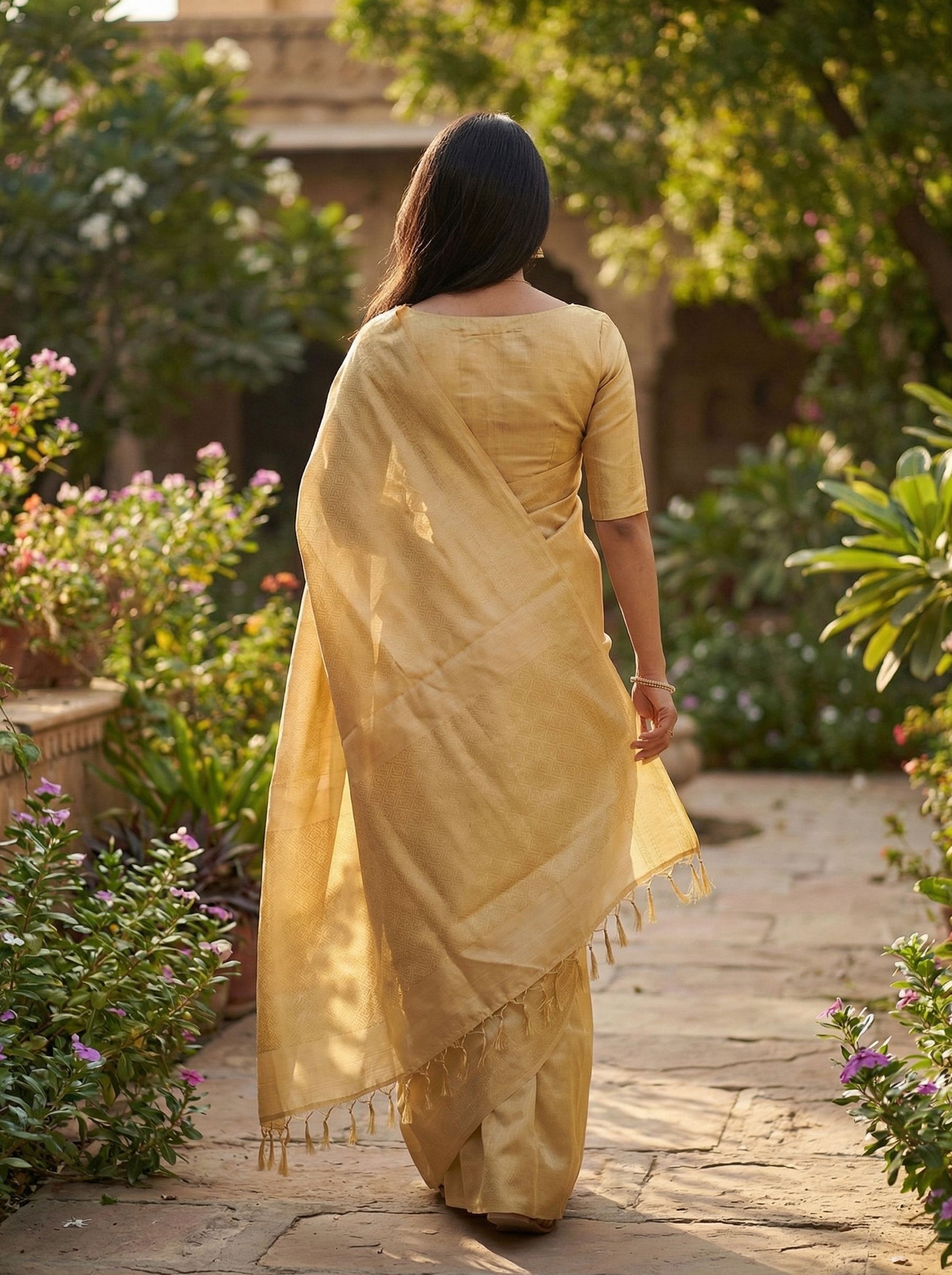 Semi Silk Gold Solid Woven Saree with Tassels