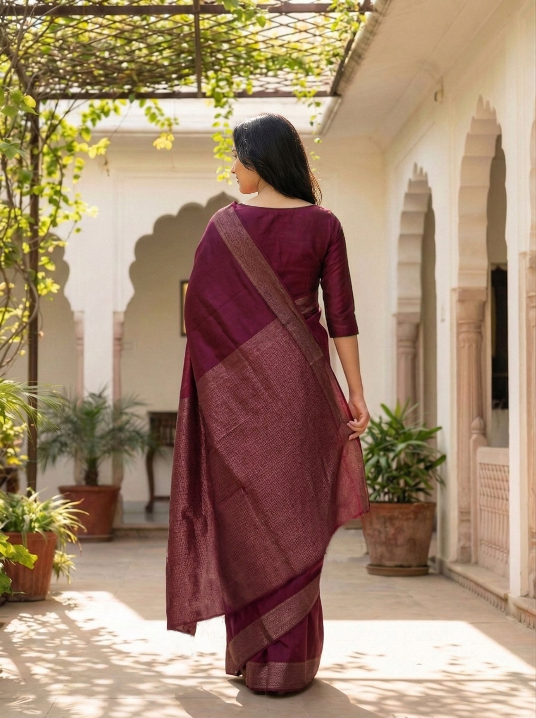 Semi Silk Burgundy Traditional Weave Saree
