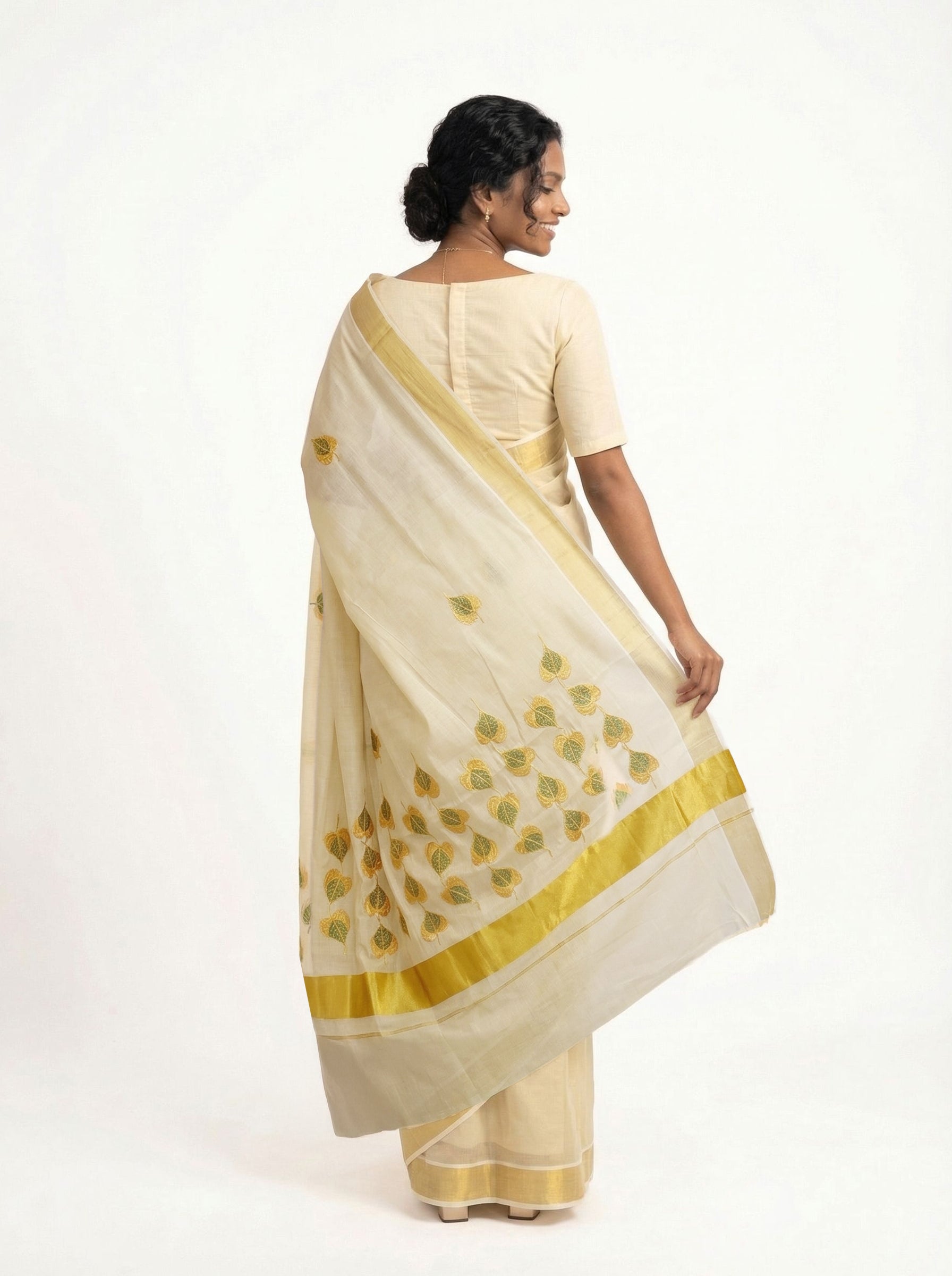 Tissue Cream Saree with Leaf Motif and Golden Border Set Saree