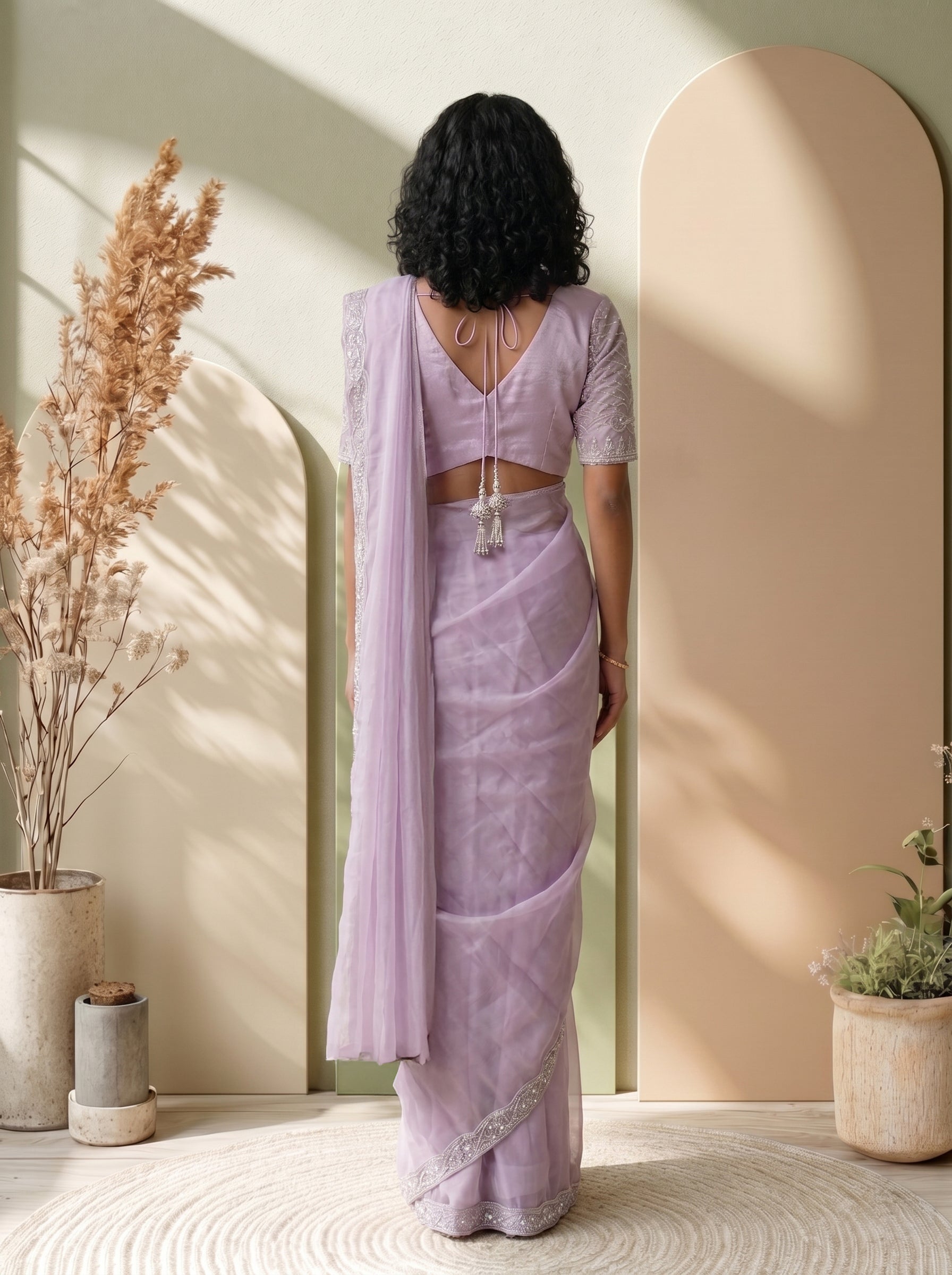 Organza Silk Lavender Sequins Embroidered Border Ready to Wear Saree for Women