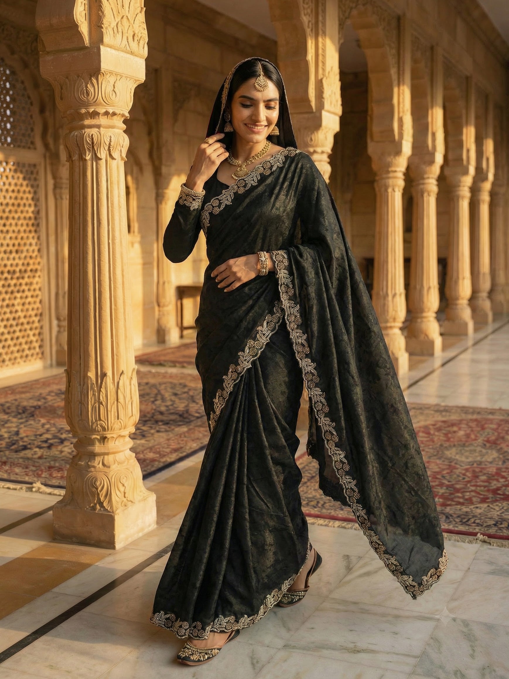 Classic Black Antique Gold Border Saree