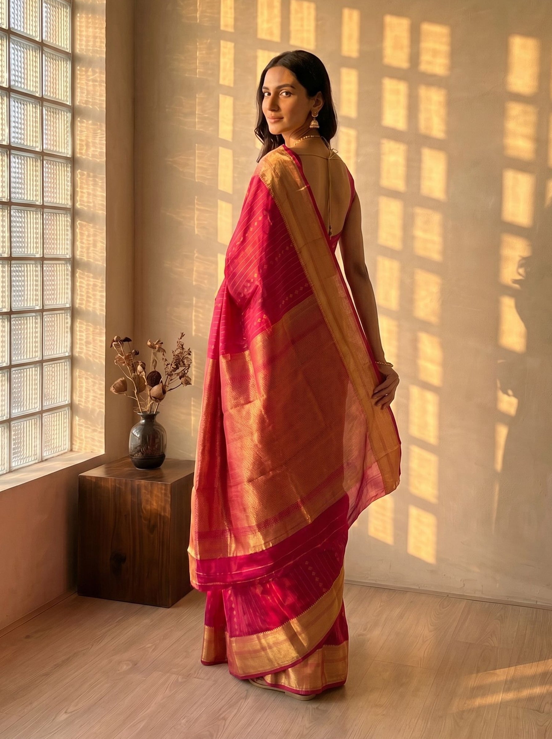 Pure Silk Rani Pink Vertical Zari Lines Saree