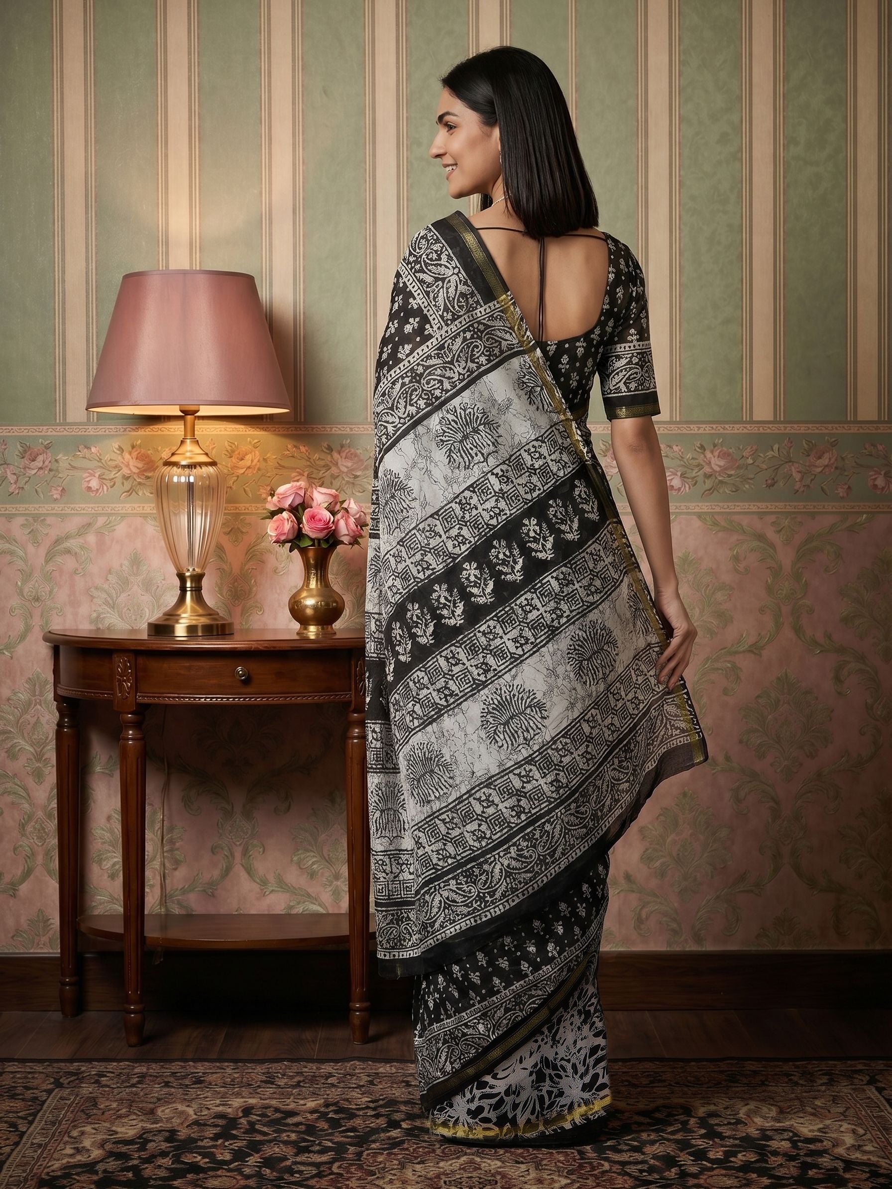 Cotton Black and White Floral Printed Saree with Zari Border