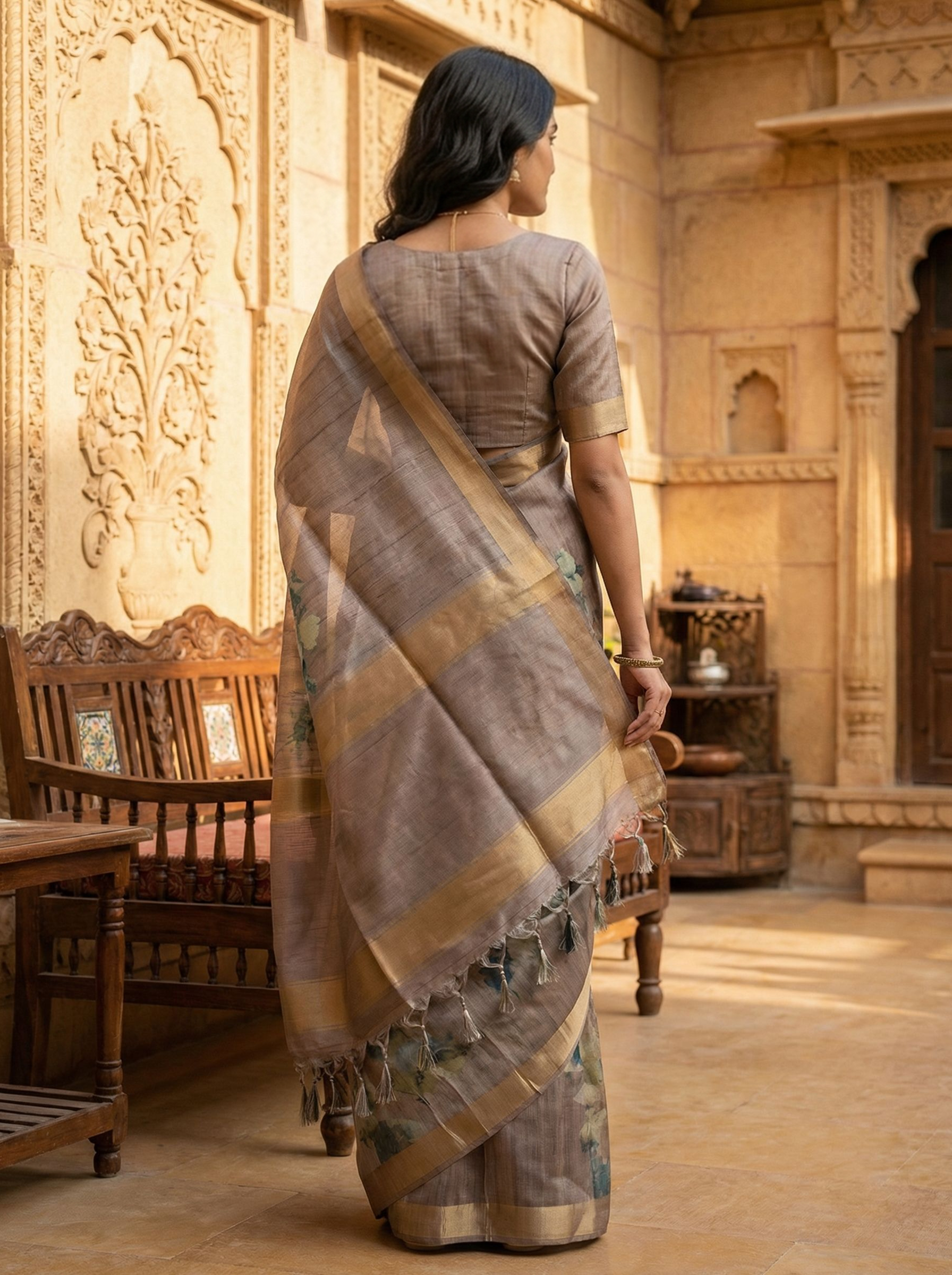 Semi Silk Elegant Taupe Grey Floral Saree with Soft Gold Border Design