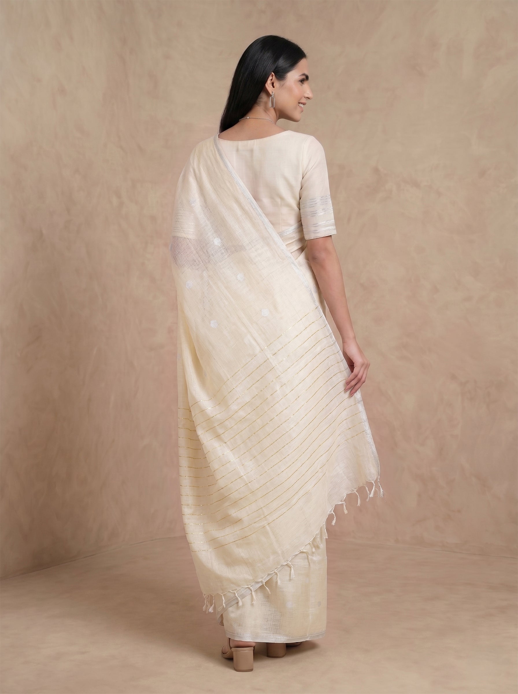 Semi Linen Cream Ivory Polka Dot Jacquard Saree with Silver & Gold Striped Pallu Border