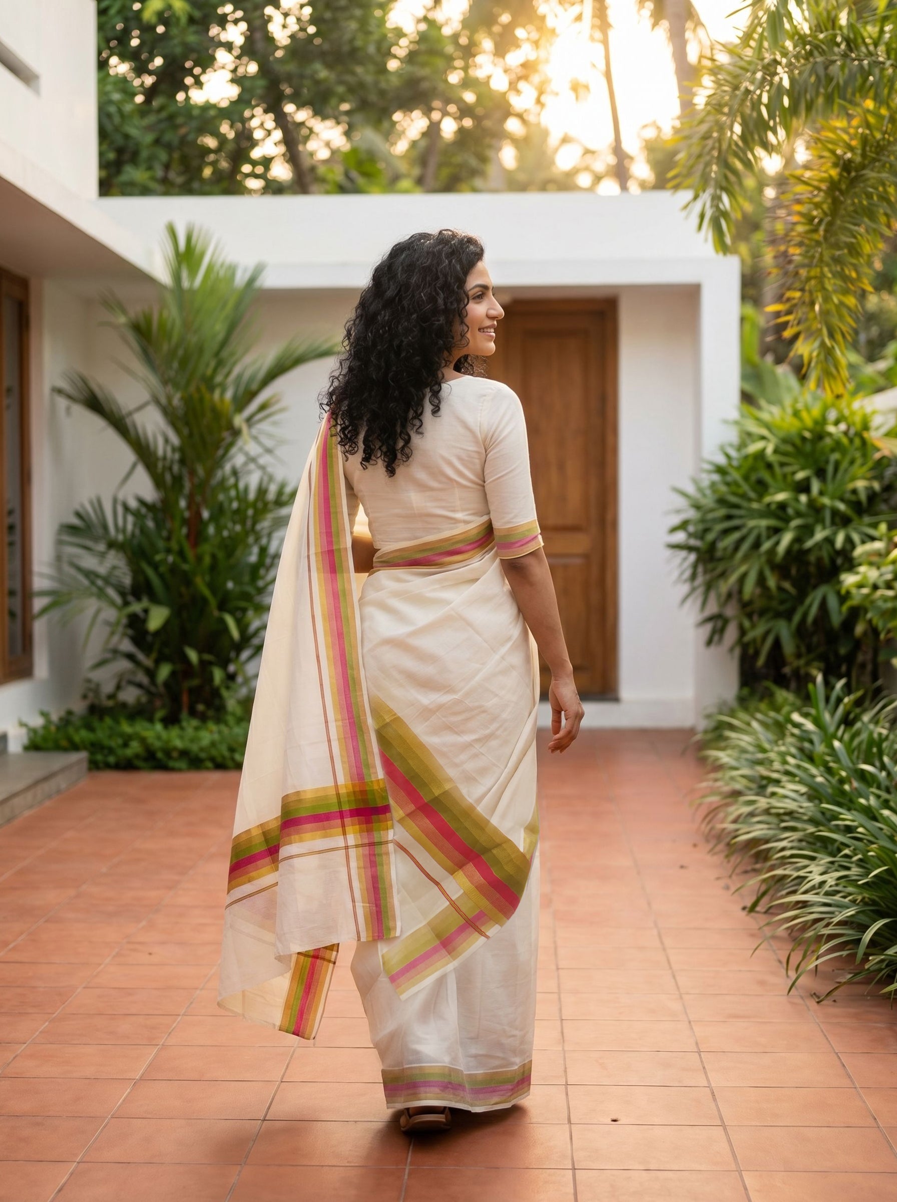Cotton Cream Pink Green Striped Kerala Kasavu Style Set Mundu