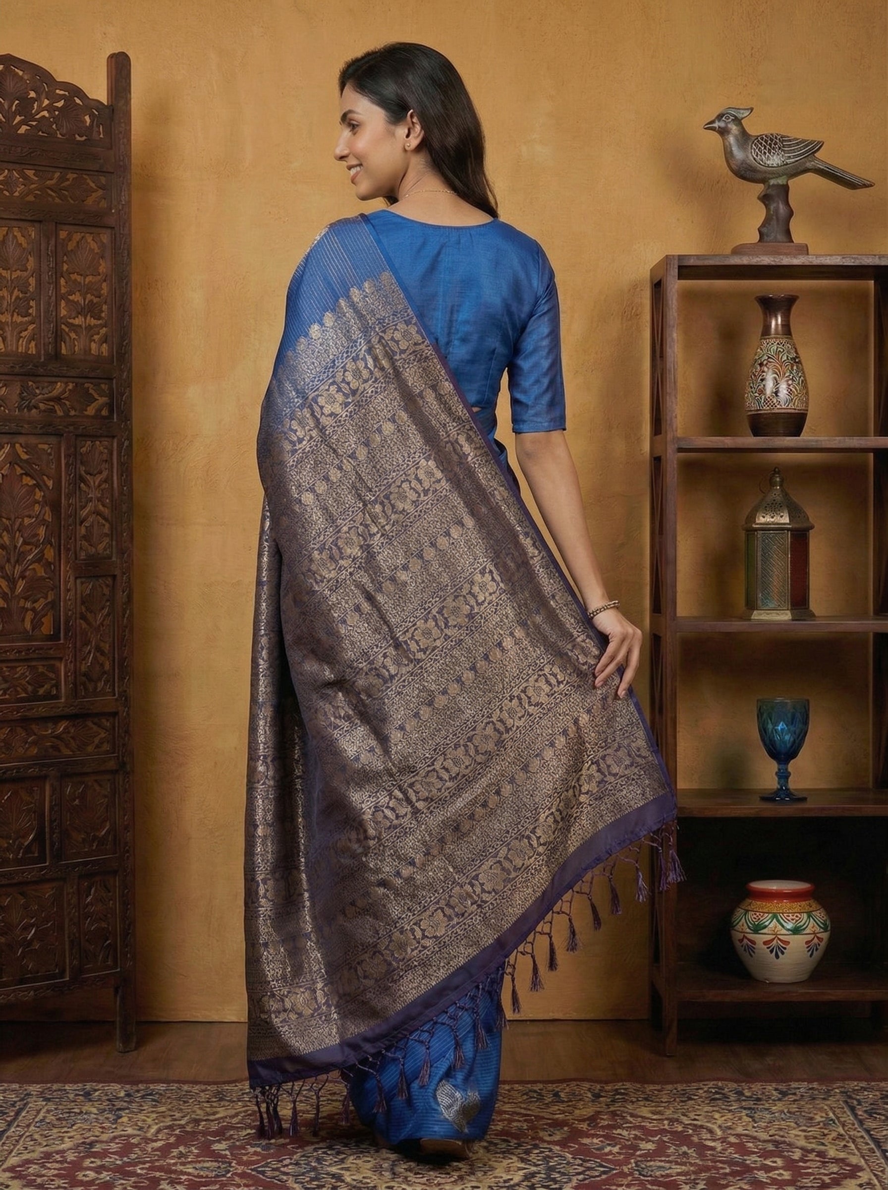 Semi Silk Blue Saree with Silver Butta Design