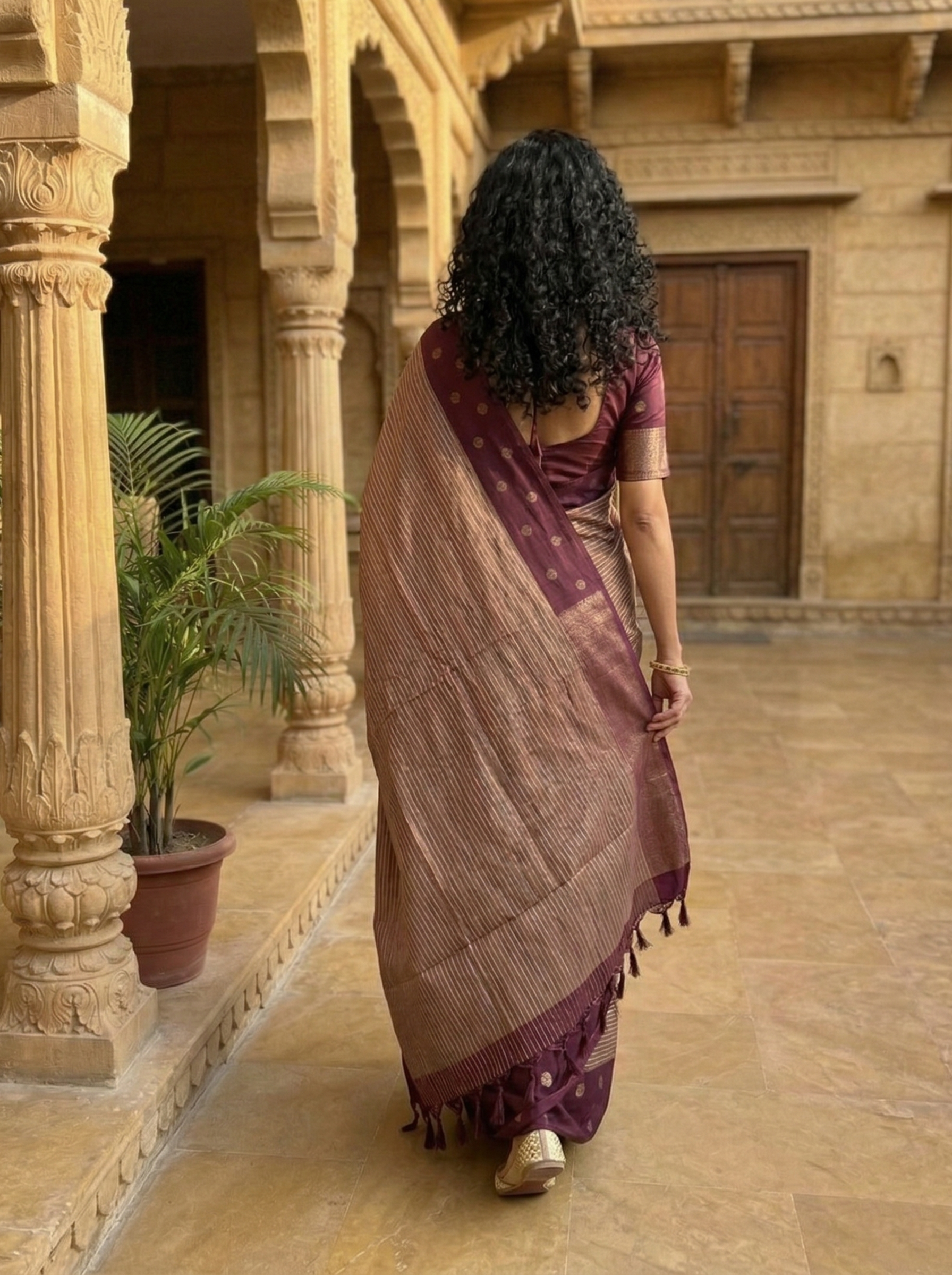 Semi Silk Beige and Wine Purple Saree with Fine Stripe Weave