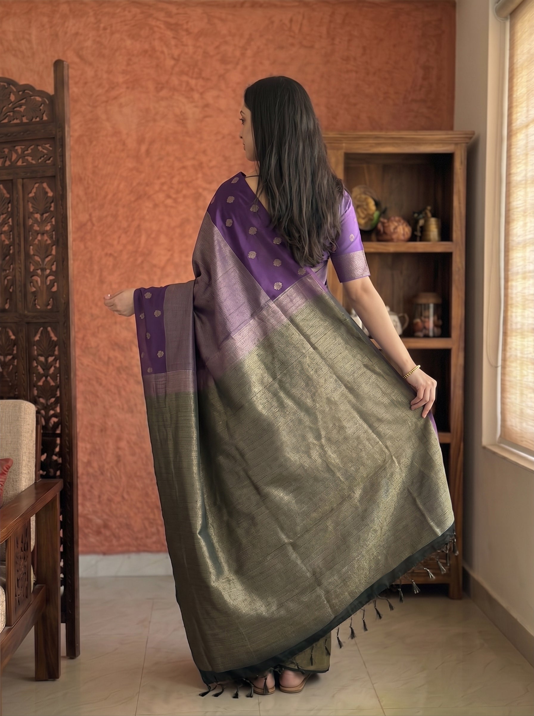 Semi Silk Silver Zari Dot Motif Saree