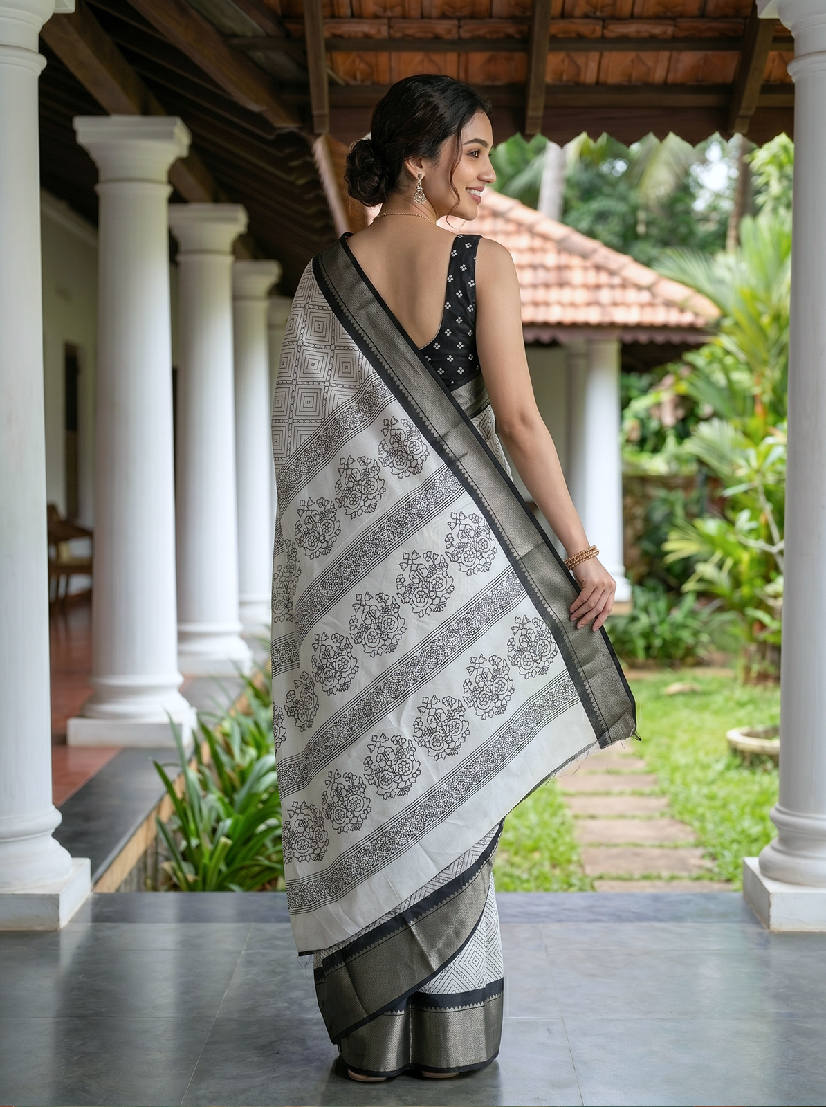Synthetic White Black Geometric Diamond Printed Saree with Contrast Black Woven Border