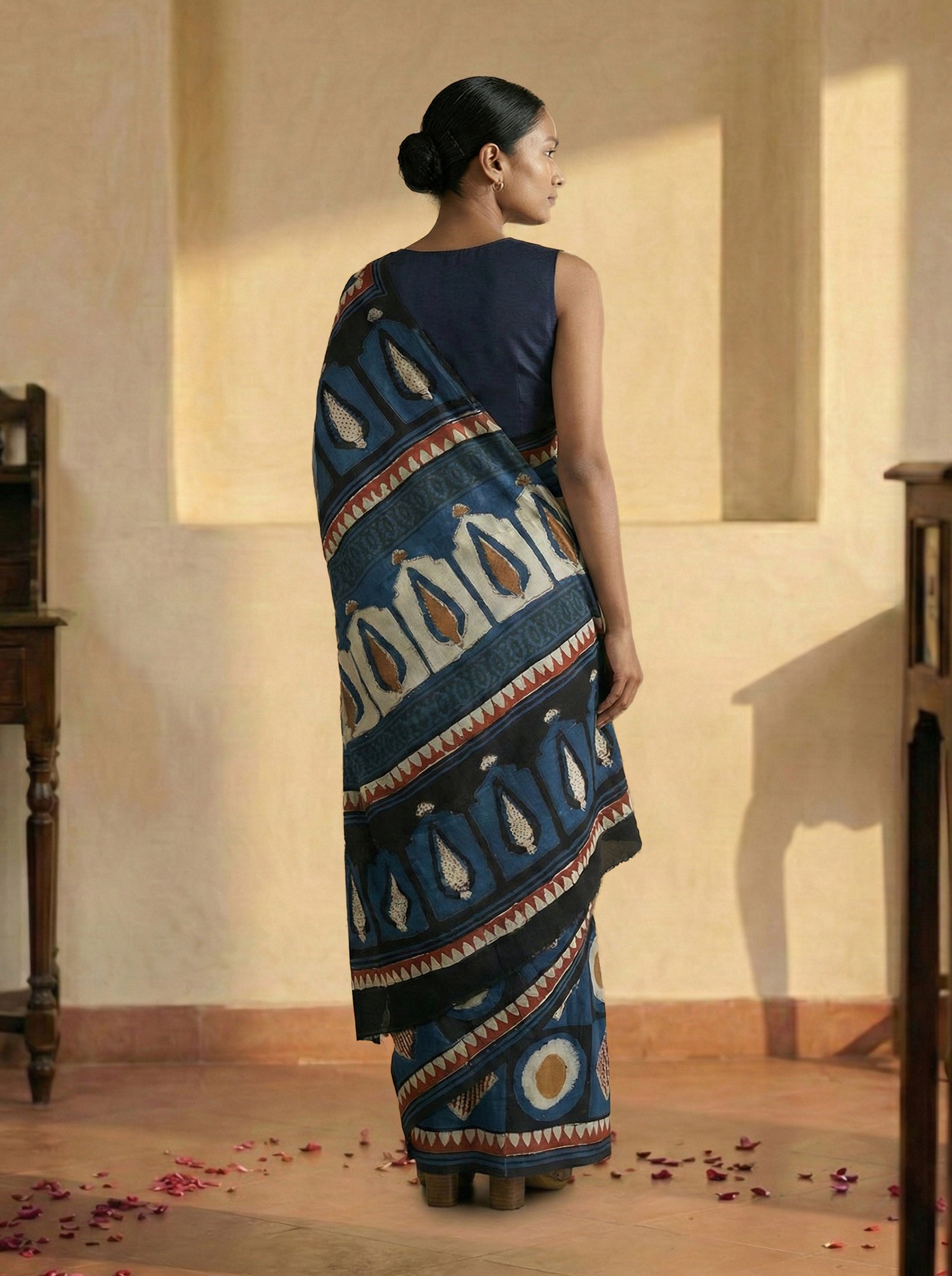 Modal Navy Blue Geometric Print Saree