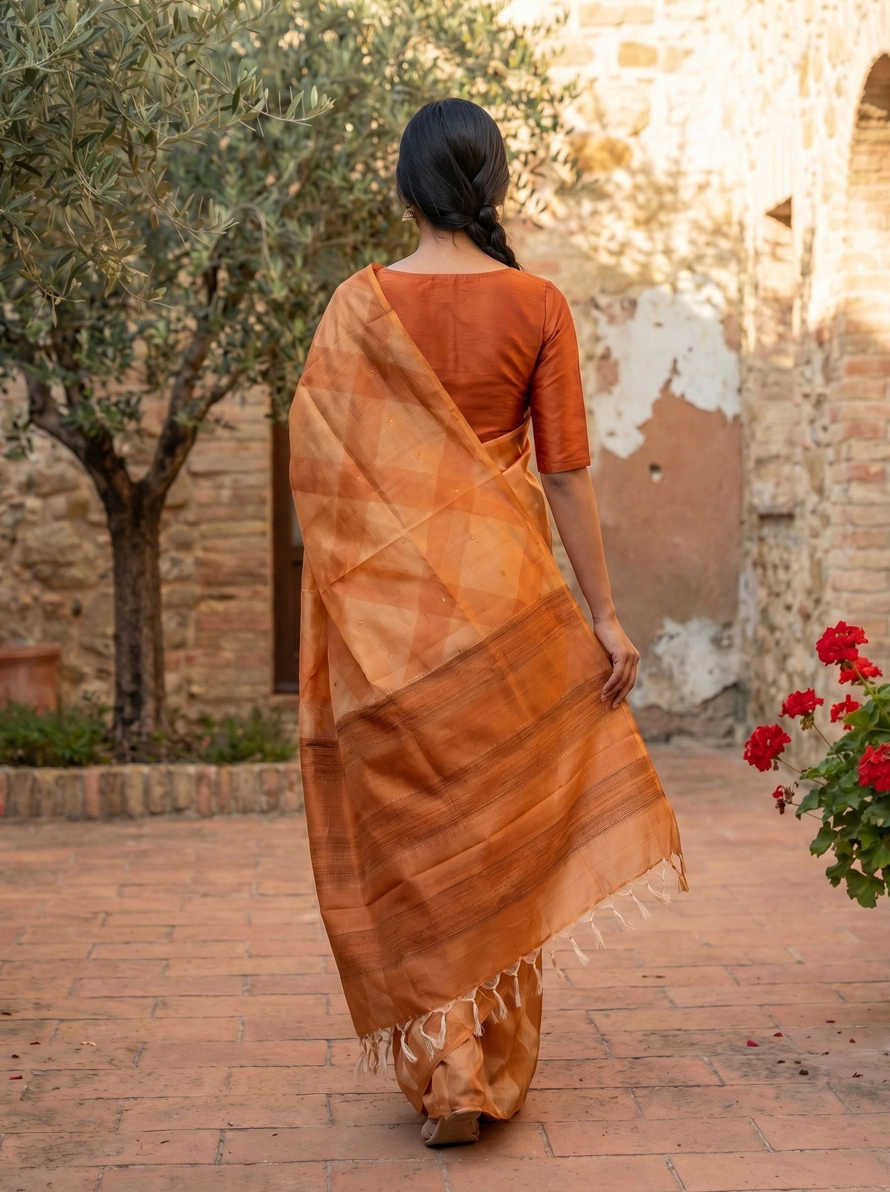 Tussar Peach Orange Saree with Subtle Geometric Weave