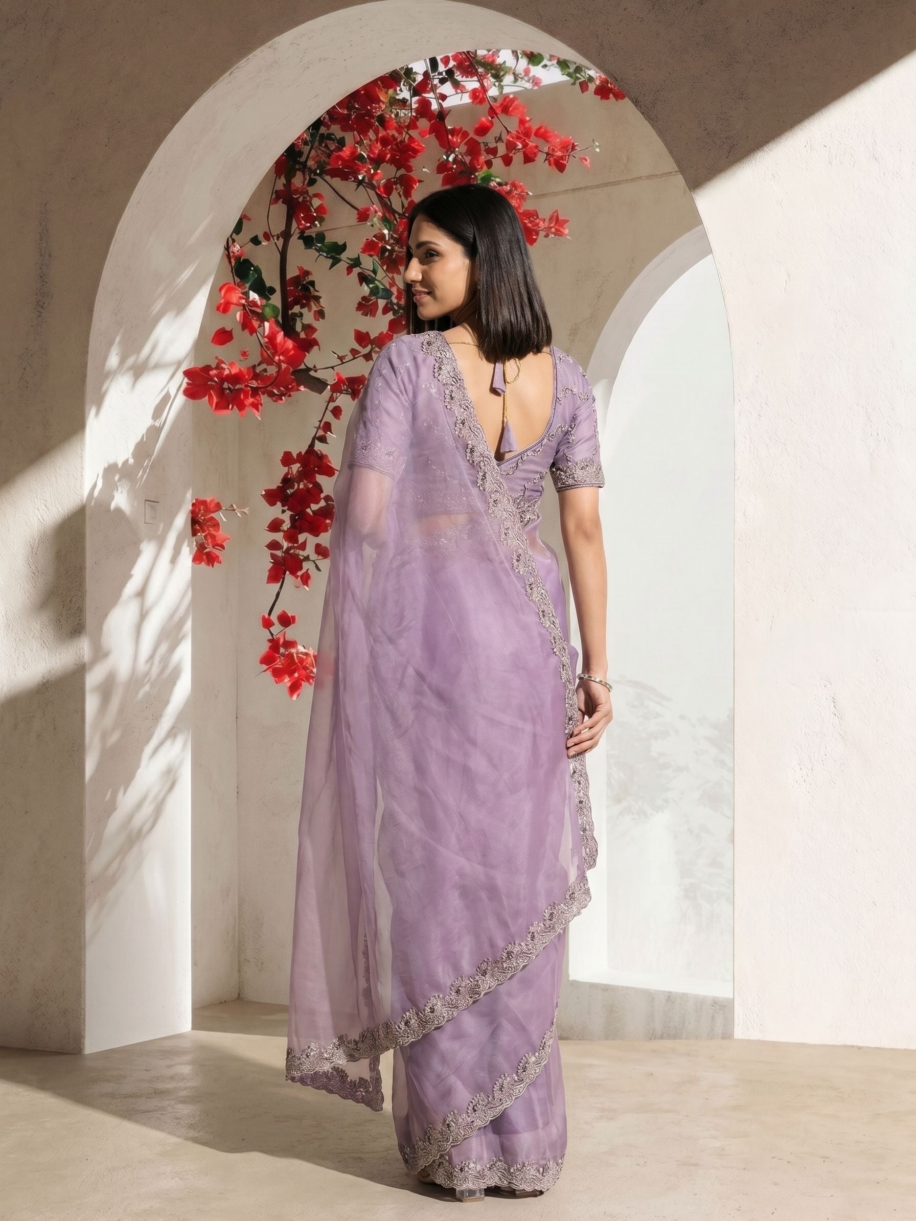 Organza Silk Lavender Embroidered Border Fancy Designer Saree
