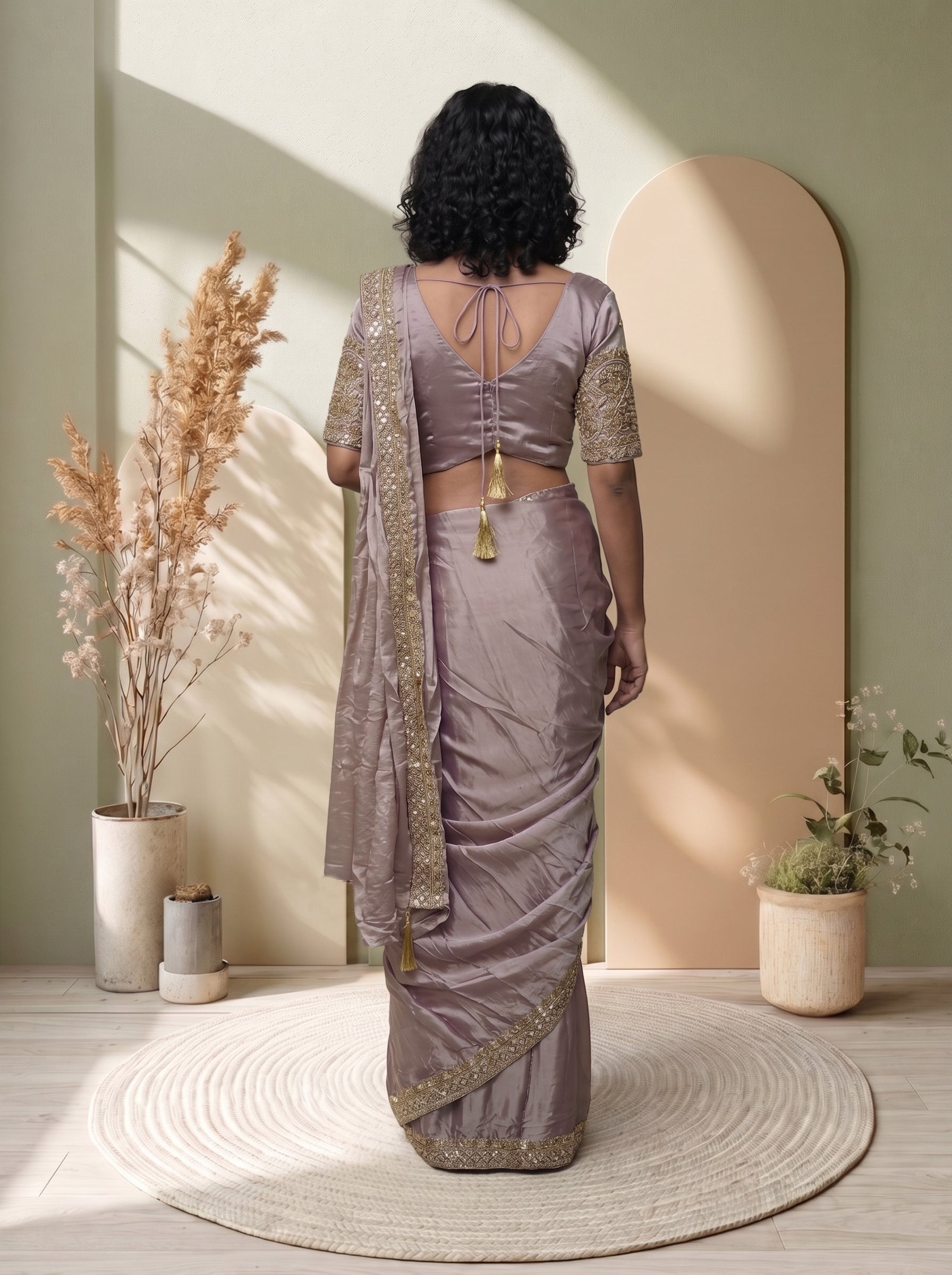 Shimmer Organza Mauve Gold Embellished Border Ready to Wear Saree